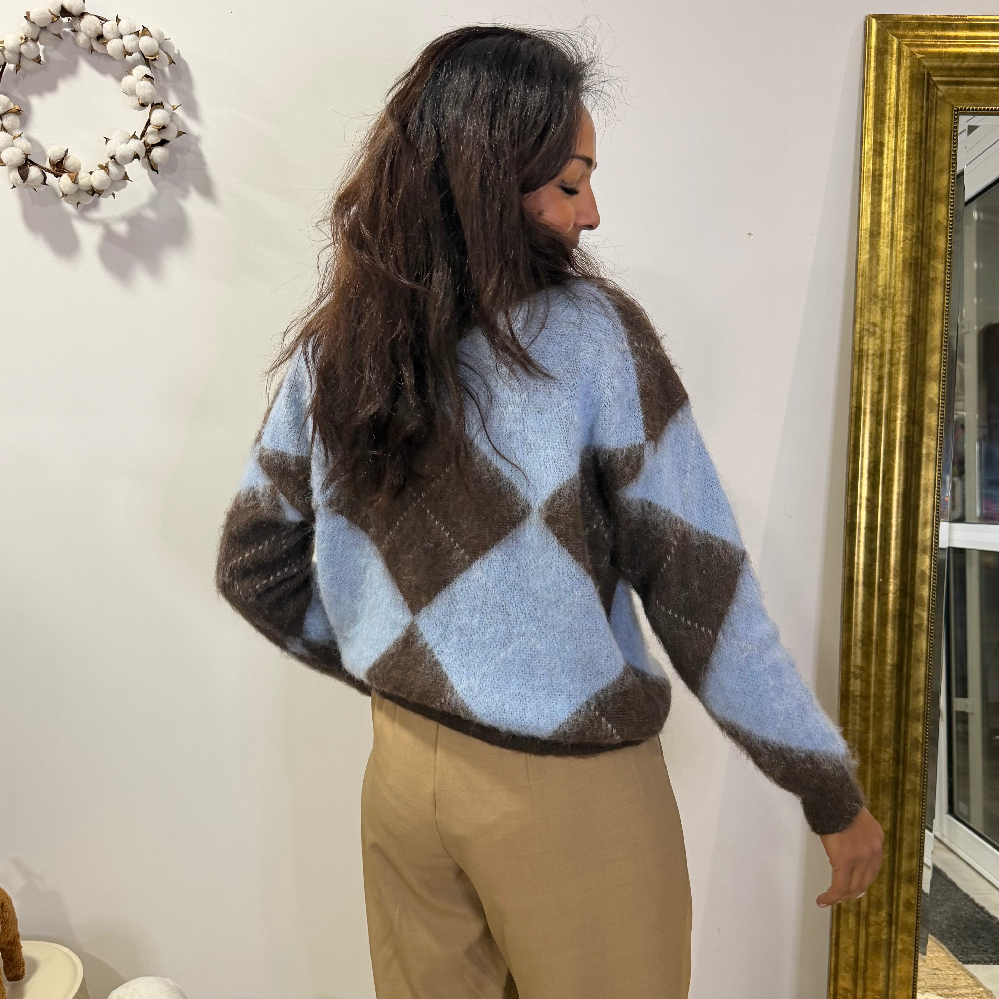 Pull LOSANGE, col montant, marron et bleu ciel