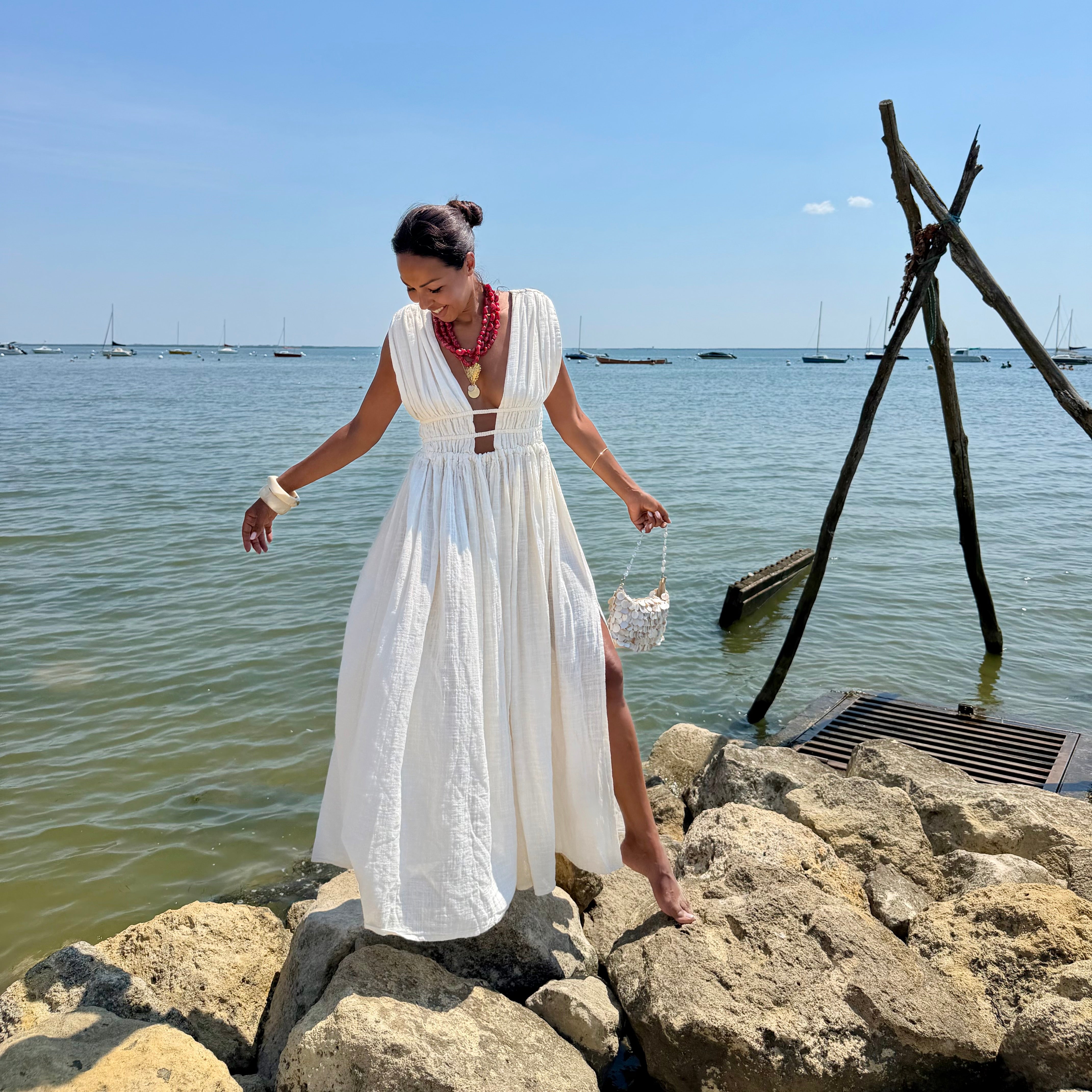 Robe GRECQUE bohème écru dos nu