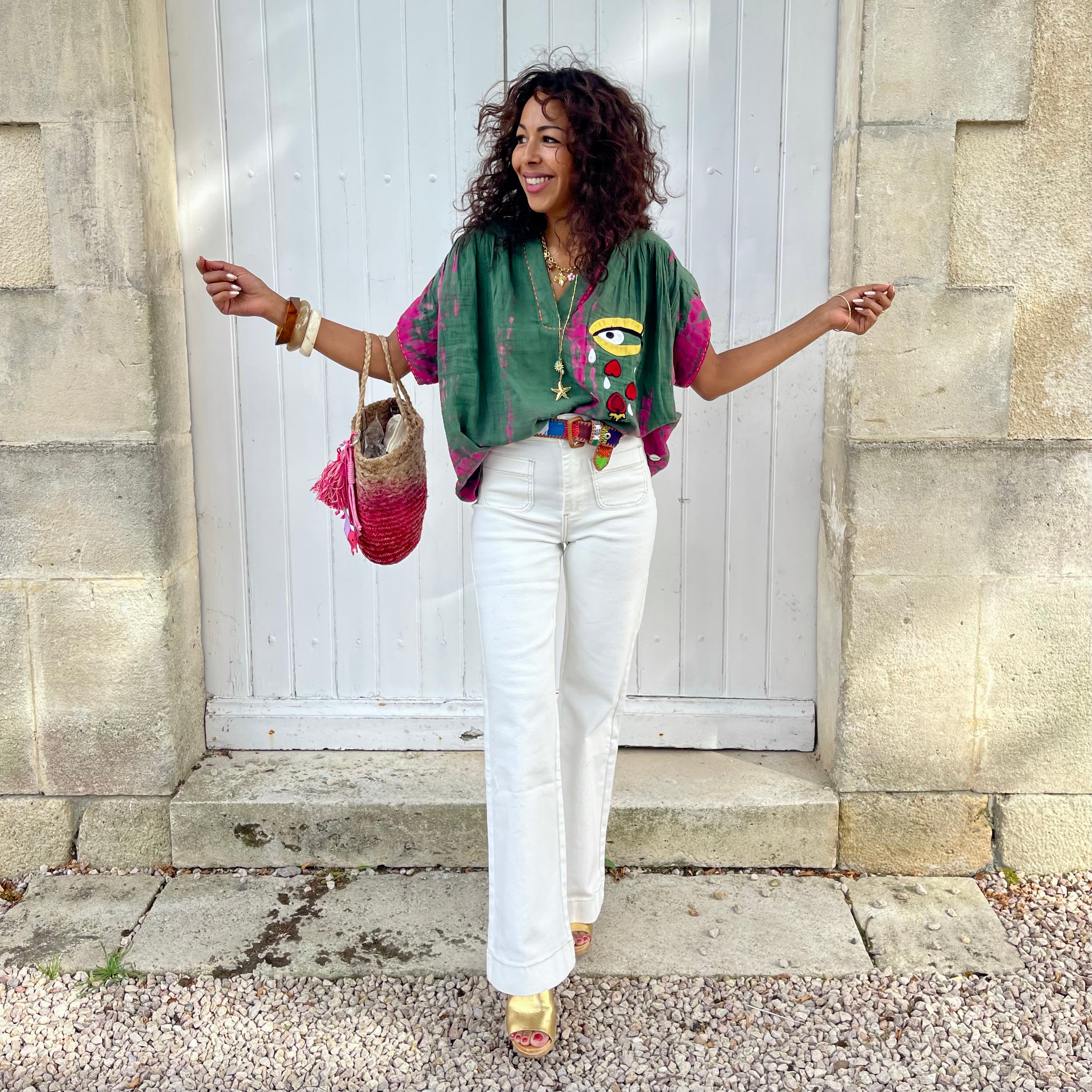 Jean flare taille haute ELENA écru doté de deux poches plaquées