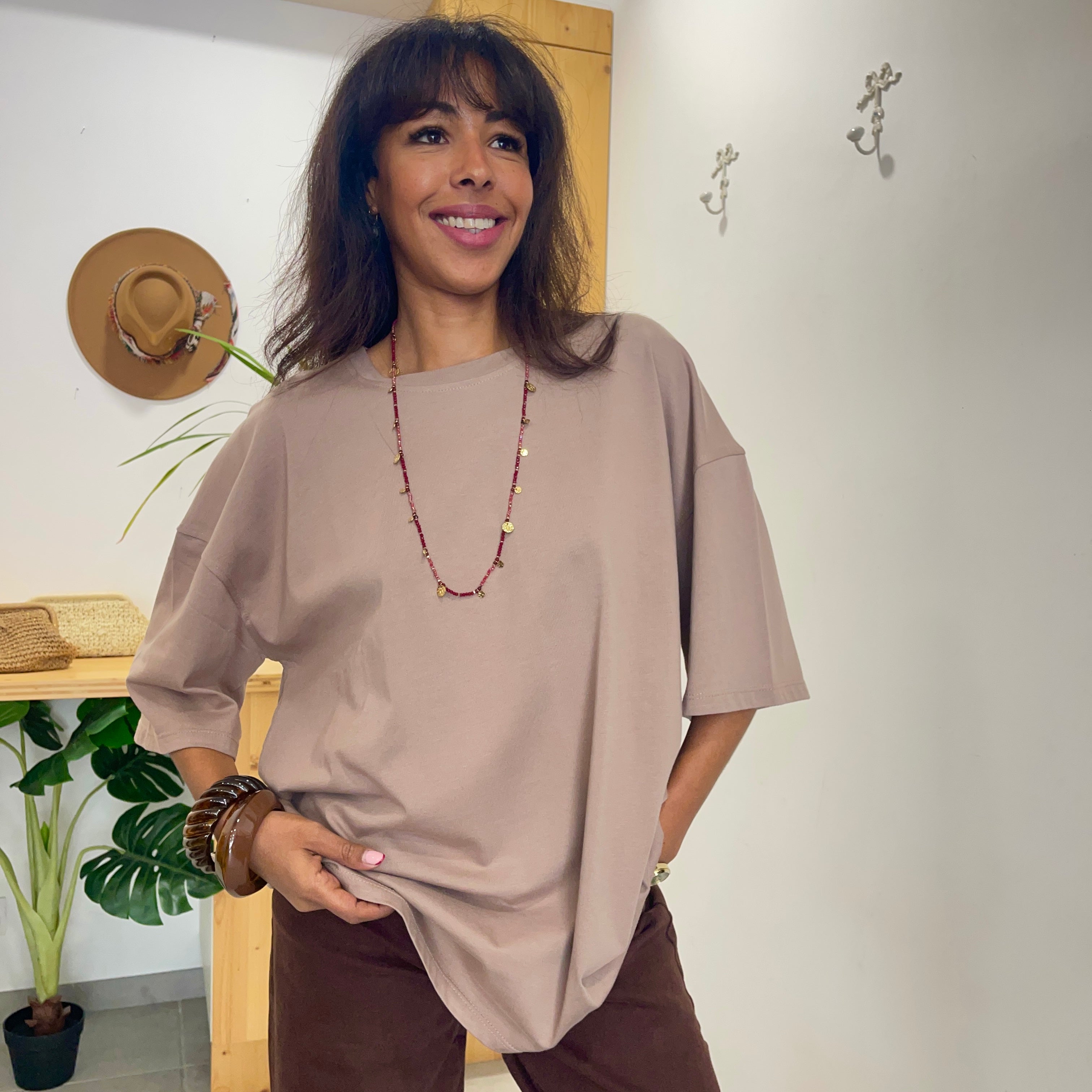 T-shirt HUGO marron taupe oversize 100% coton