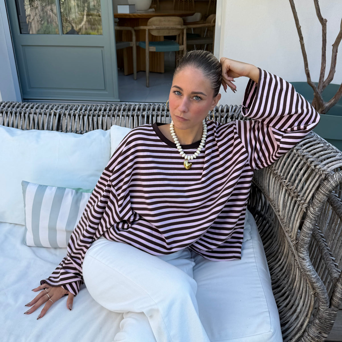 T shirt manche longue MILO rayé rose pale et marron