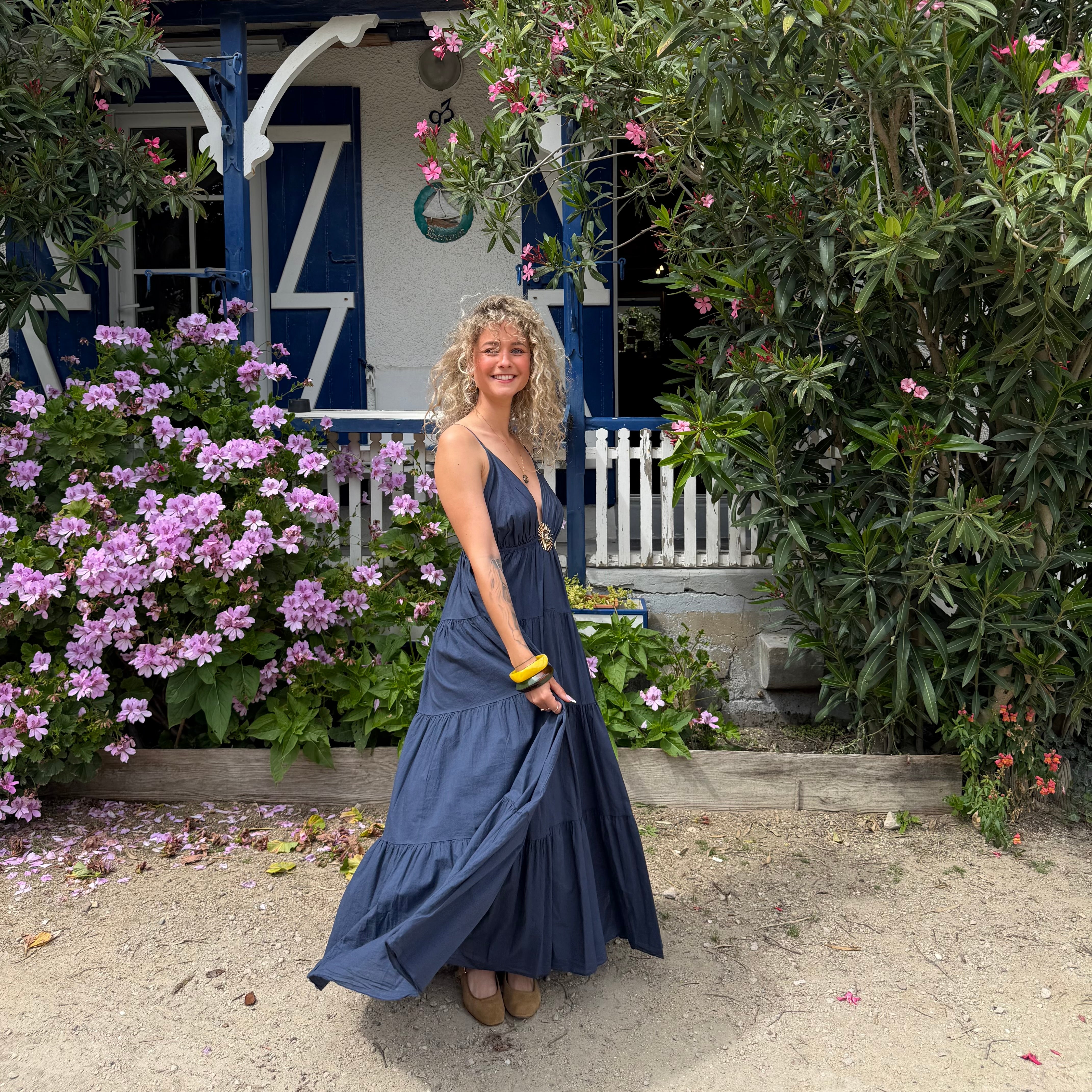 Robe longue SOLEIL bohème bleu marine dos nu