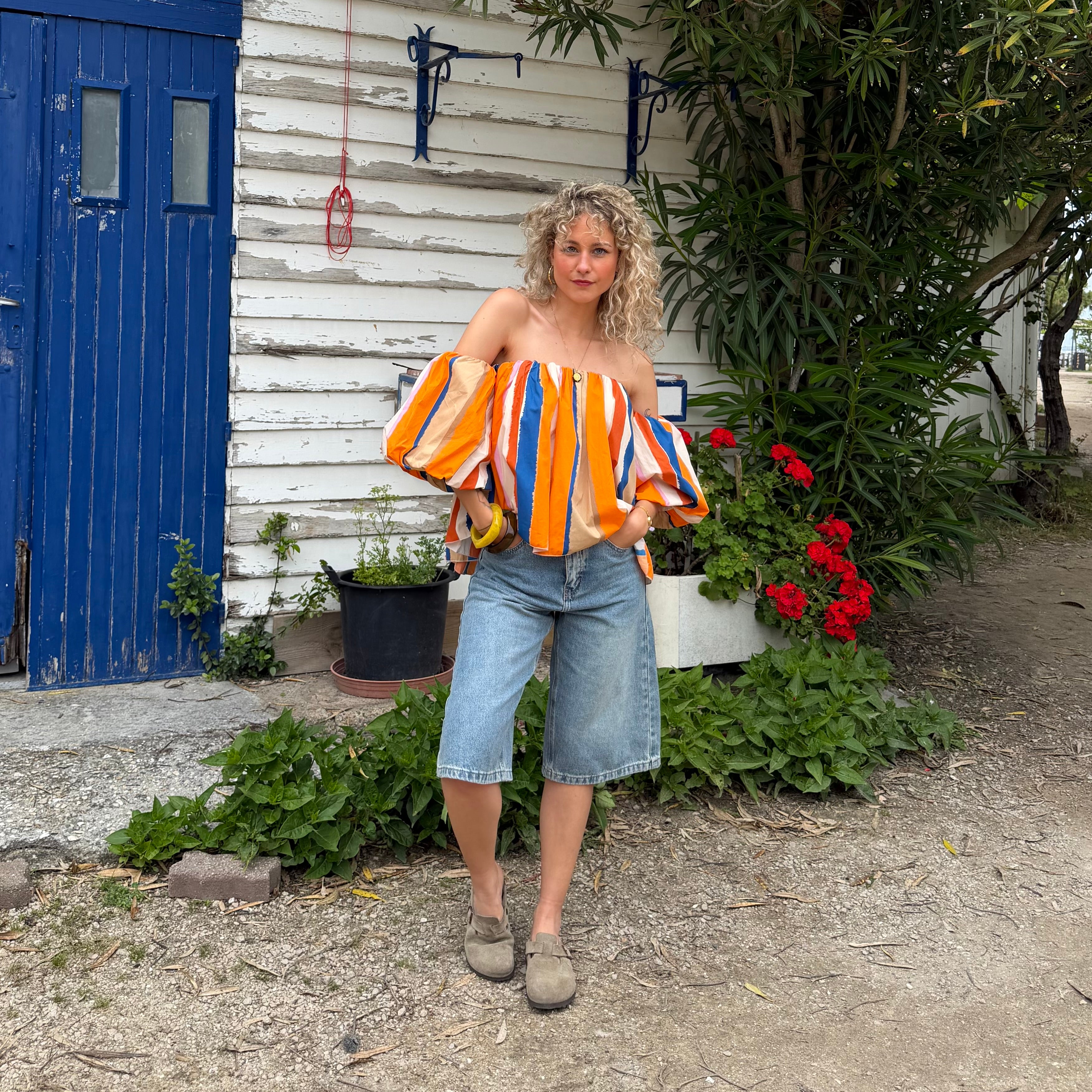 Blouse LIO rayée multicolore orange– coton – col bardot
