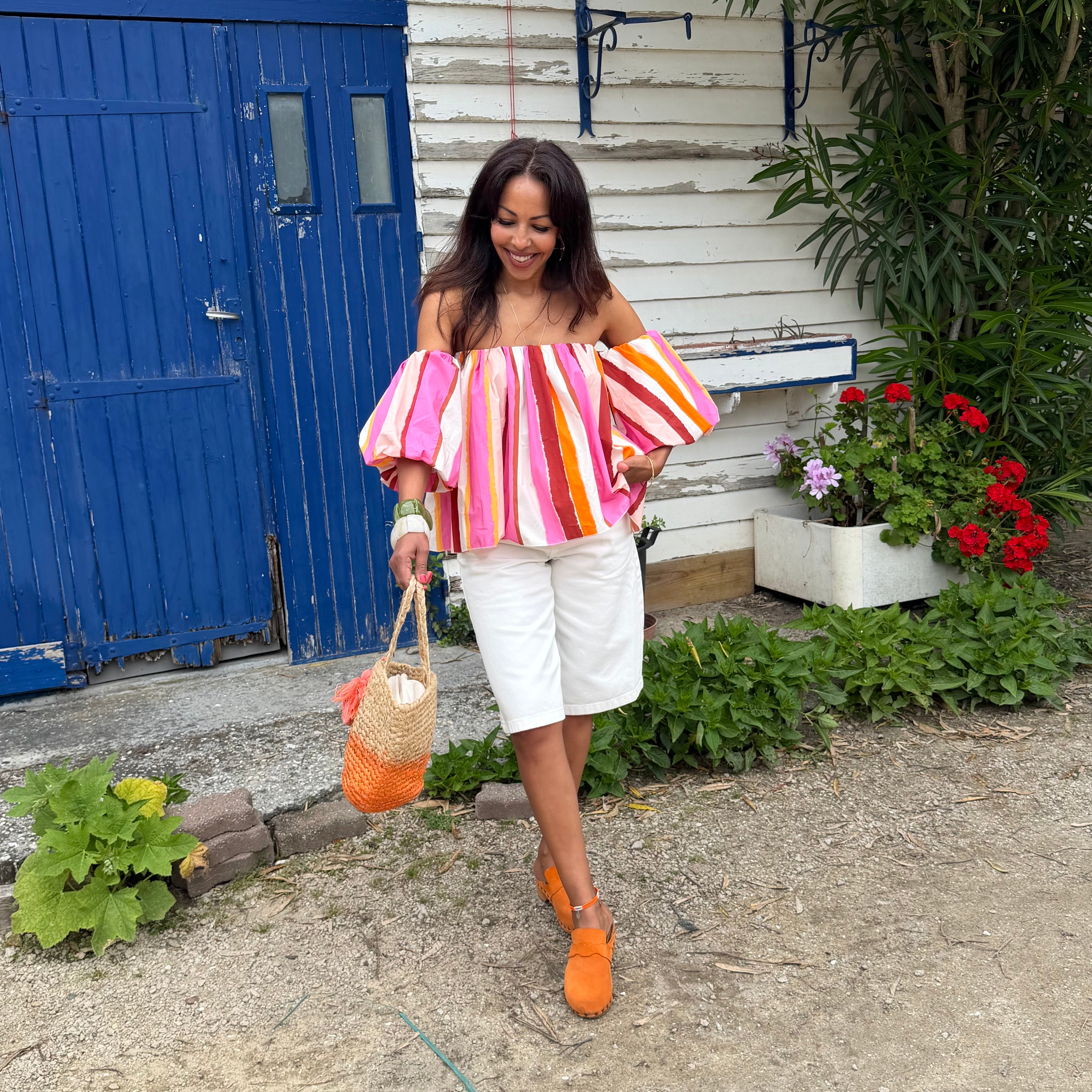 Blouse LIO rayée multicolore rose– coton – col bardot