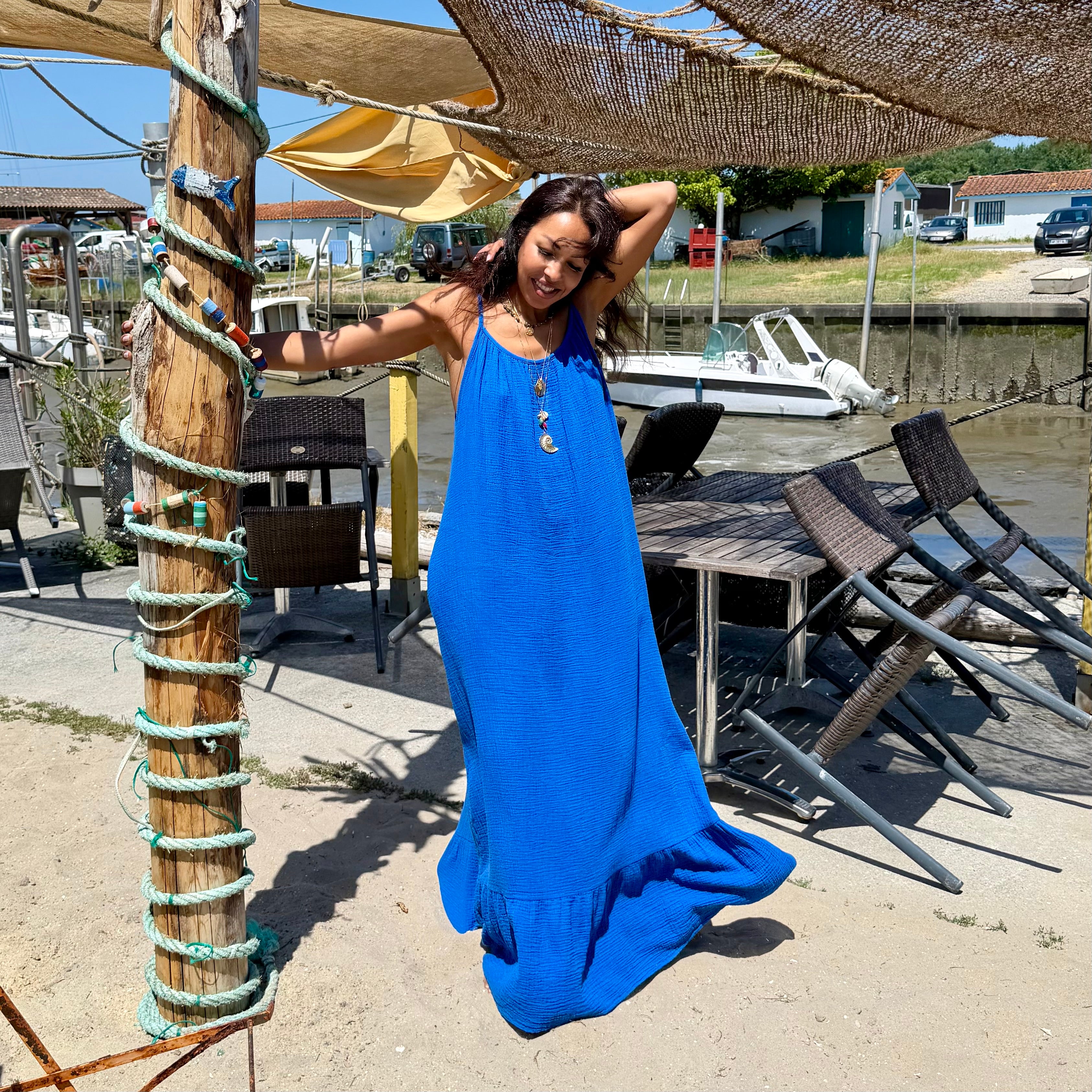 ROBE ANTA LONGUE GAZE DE COTON bleu roi