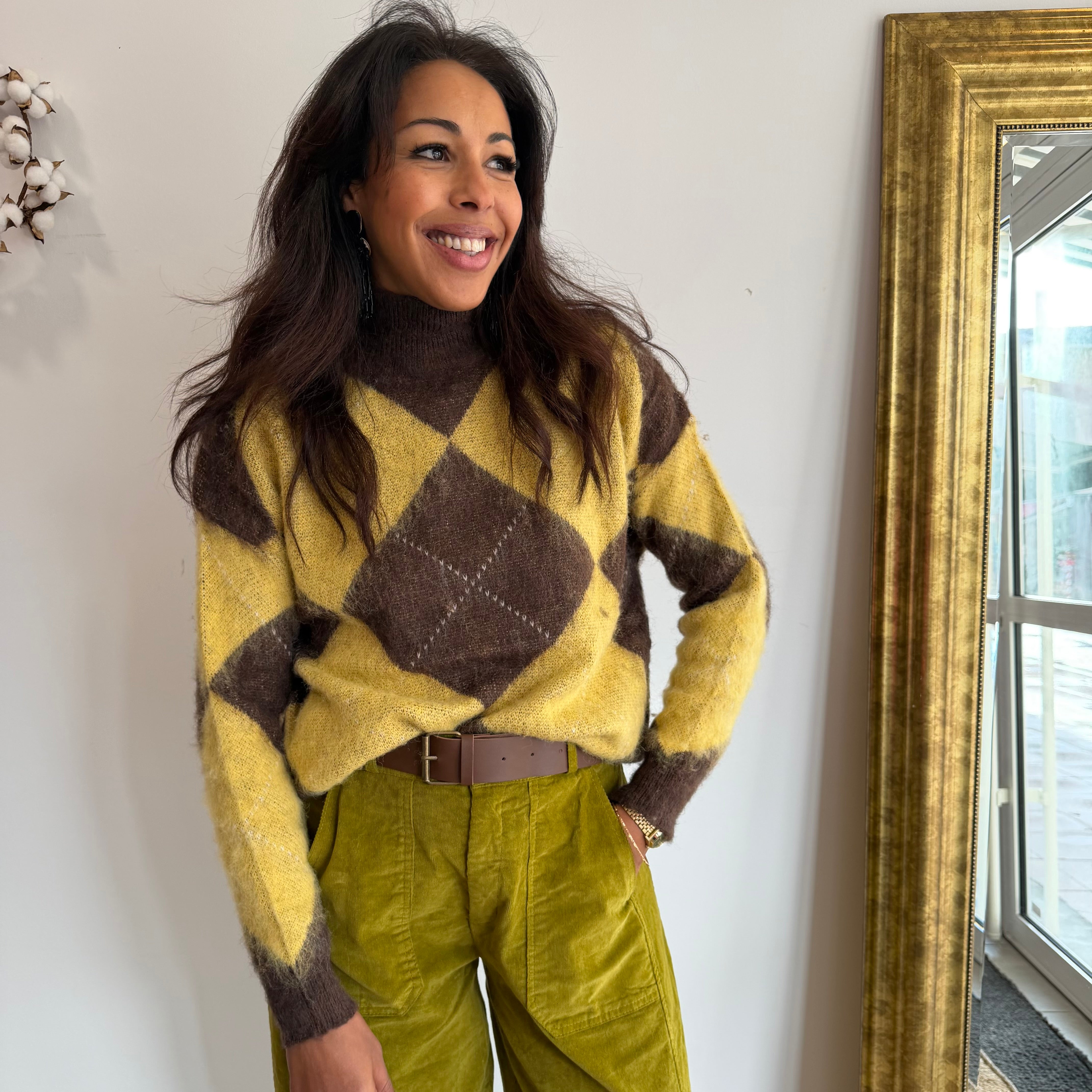 Pull LOSANGE, col montant, marron et jaune pale