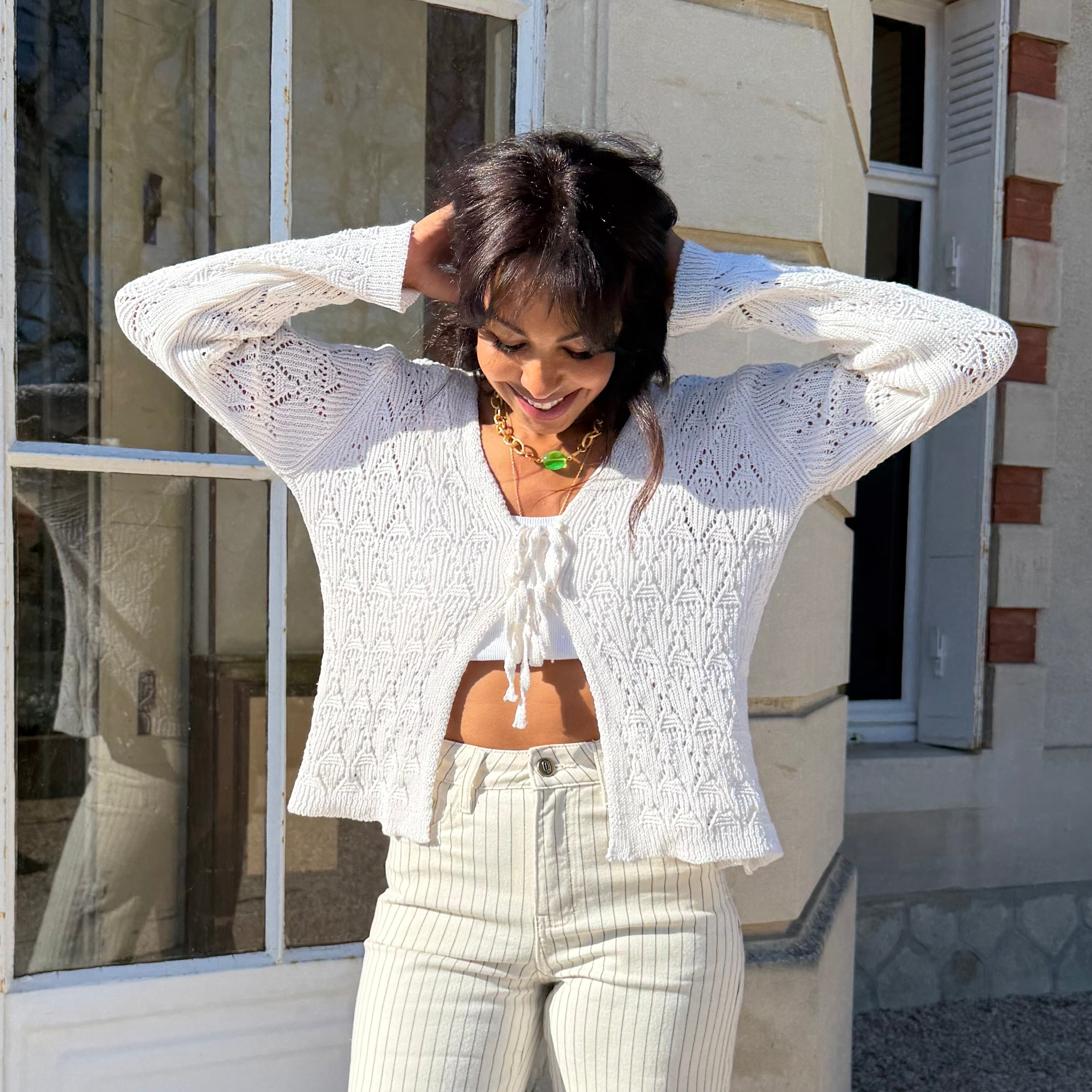 Gilet manches longues GRACE en maille ajouré écru.