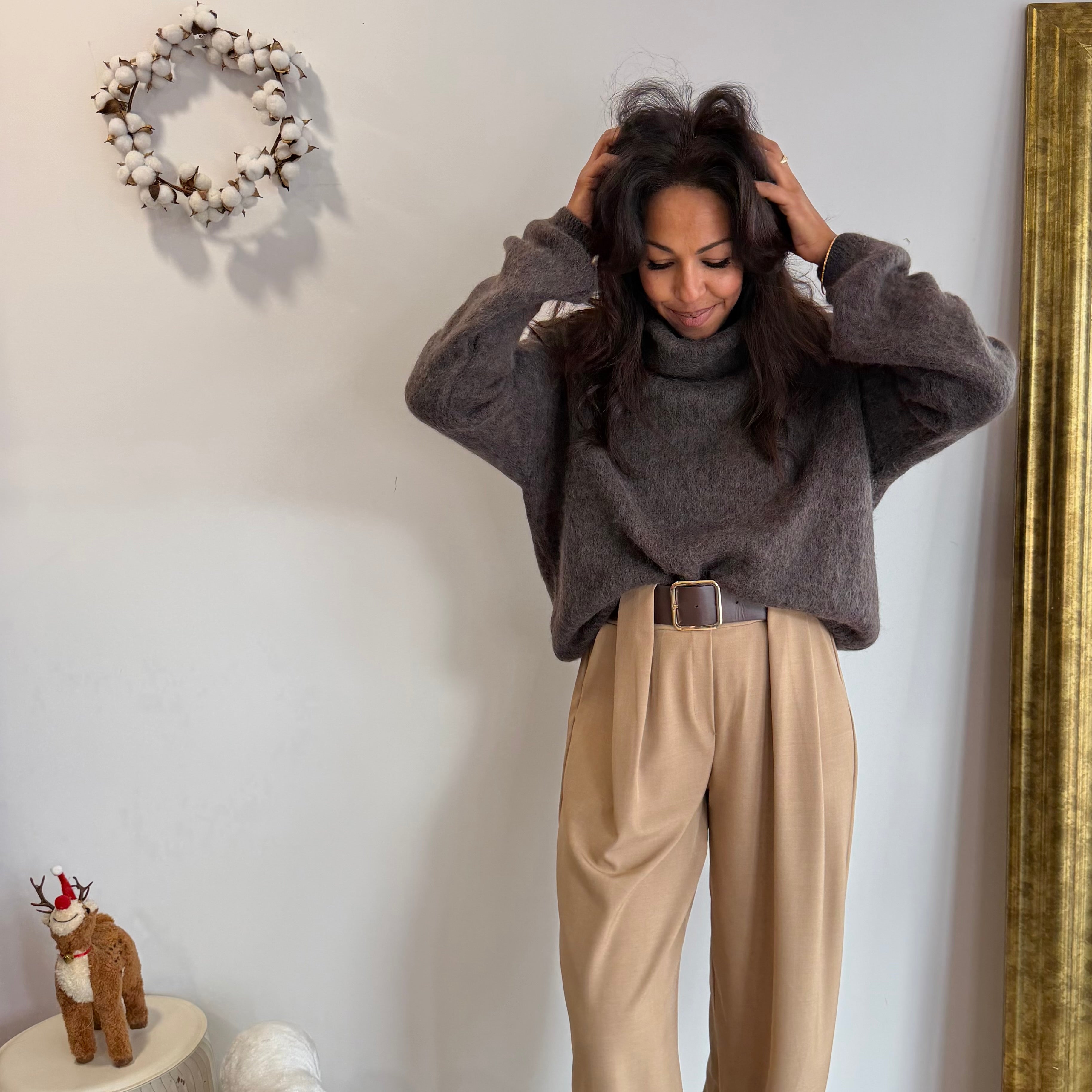 Pull col roulé LILIAN marron, baby alpaga laine