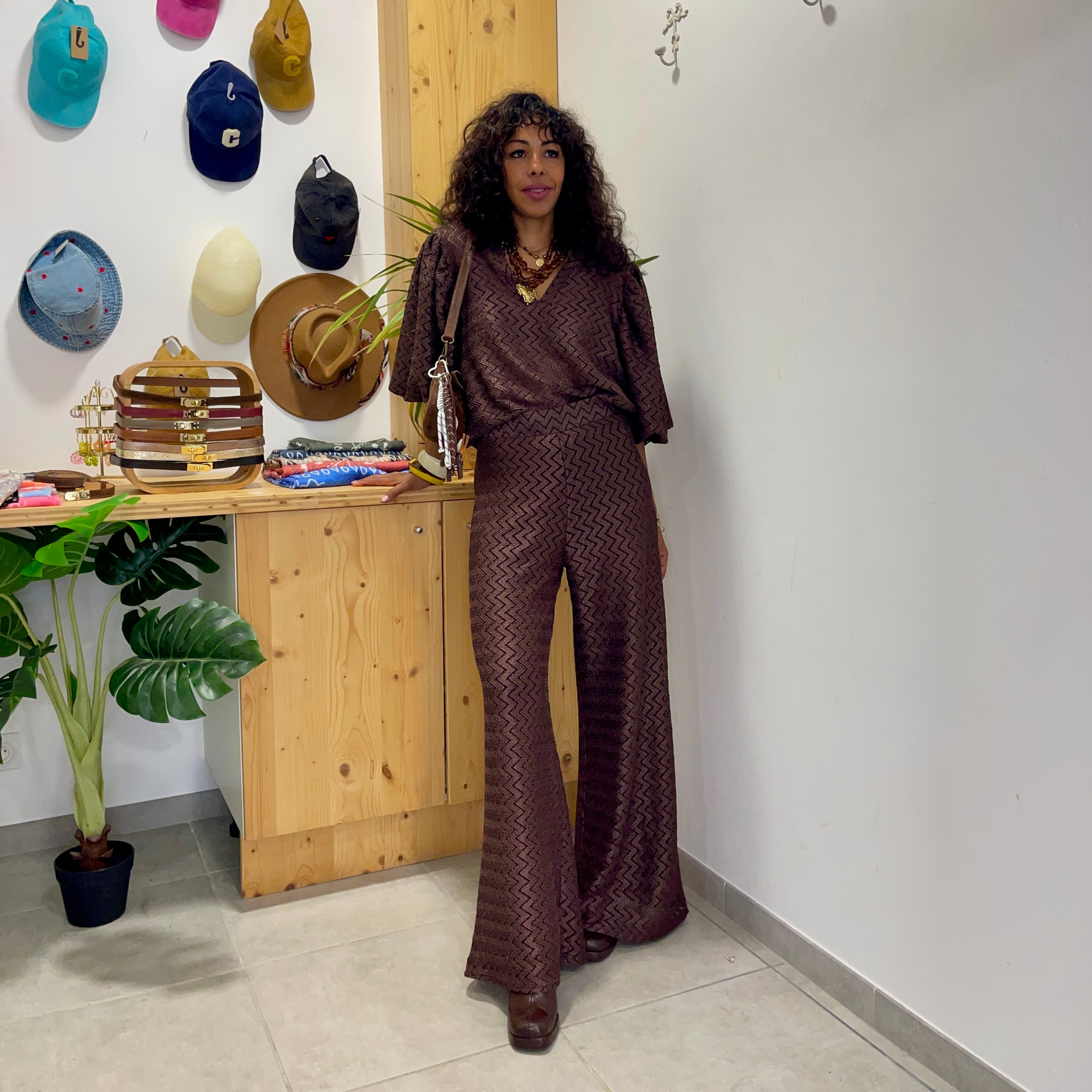 Pantalon MADRID marron métalisé à motif chevron