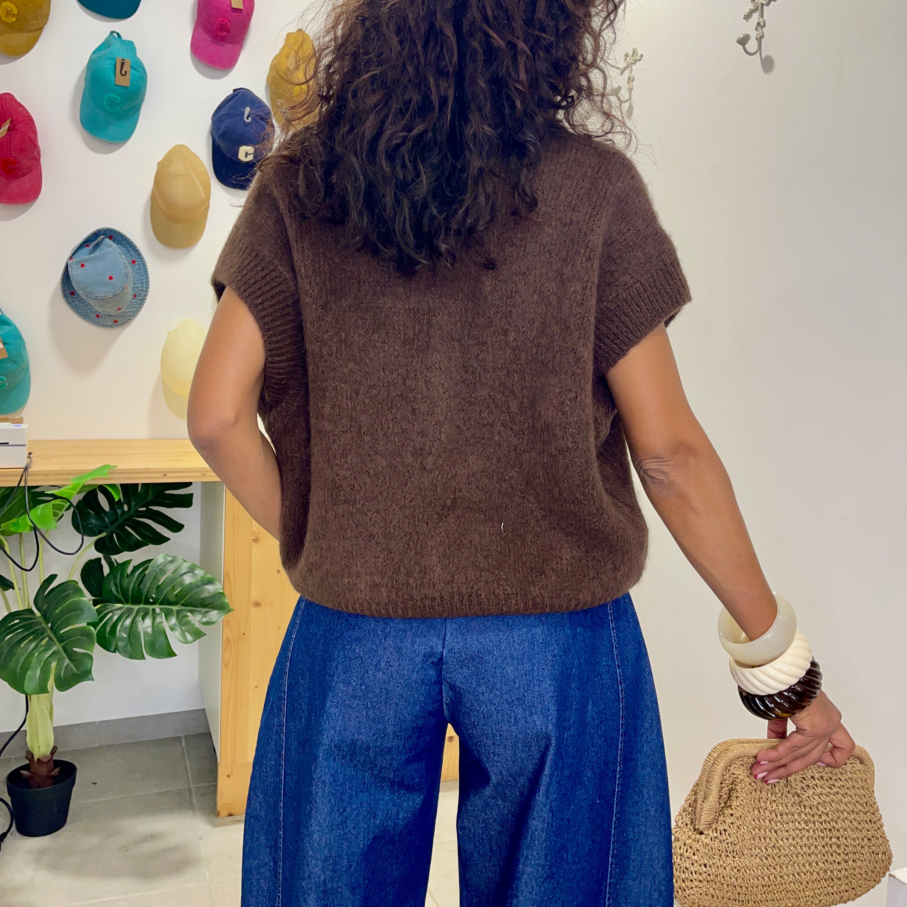 Pull manches courtes ANNA marron en baby alpaga et laine