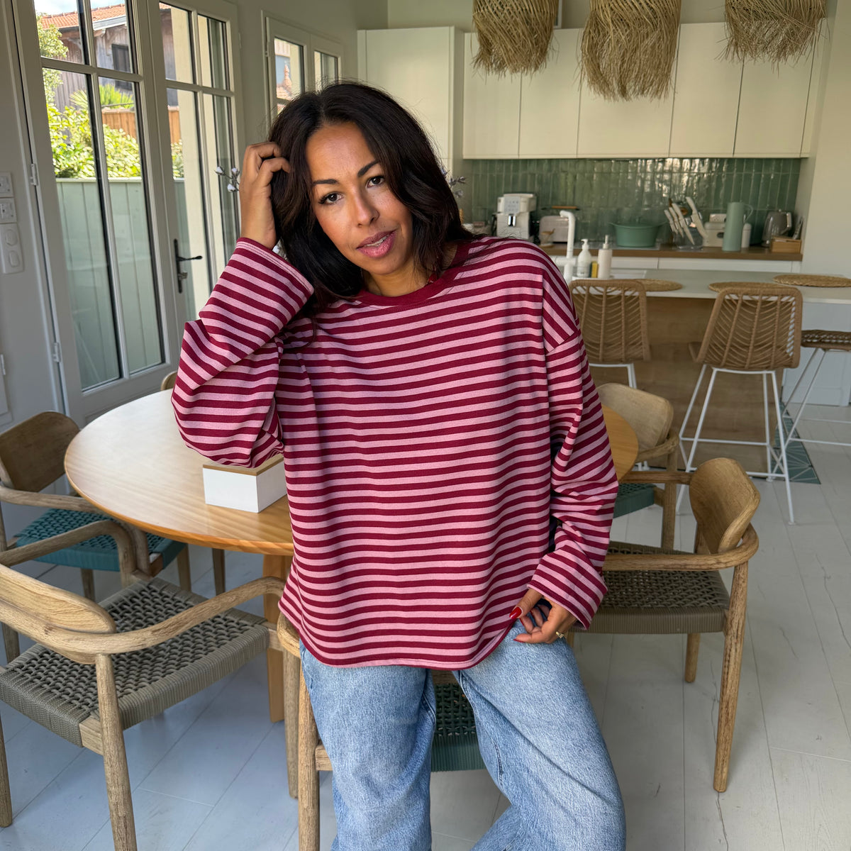 T shirt manche longue MILO rayé bordeaux et rose