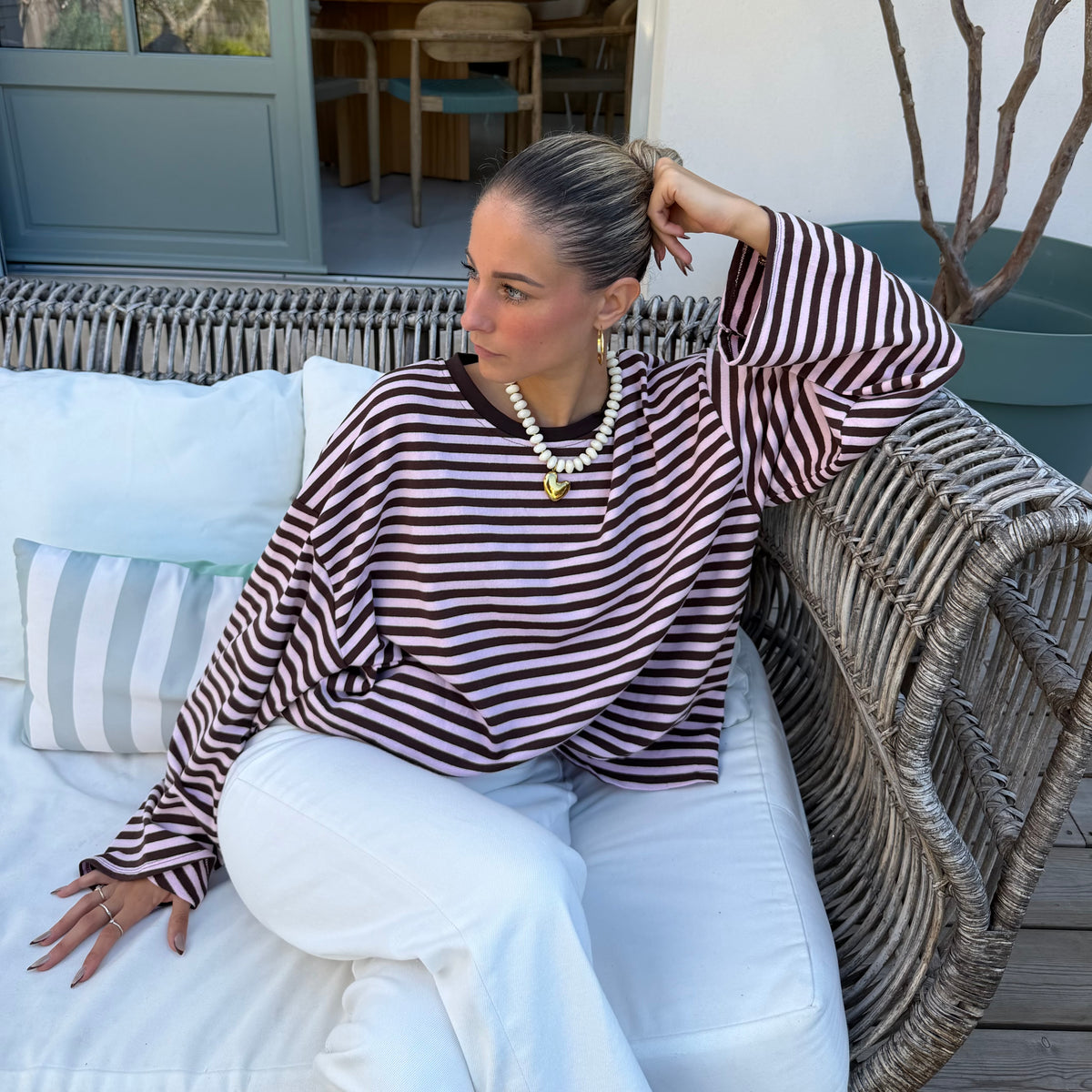 T shirt manche longue MILO rayé rose pale et marron