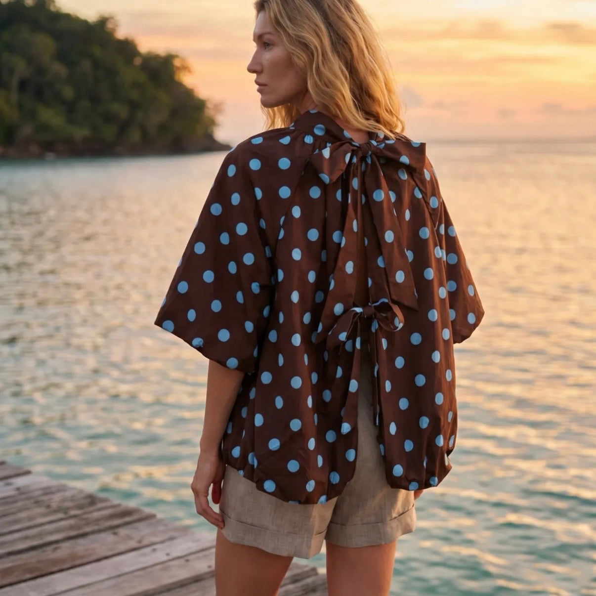 Blouse POIS dos nu en marron et bleu