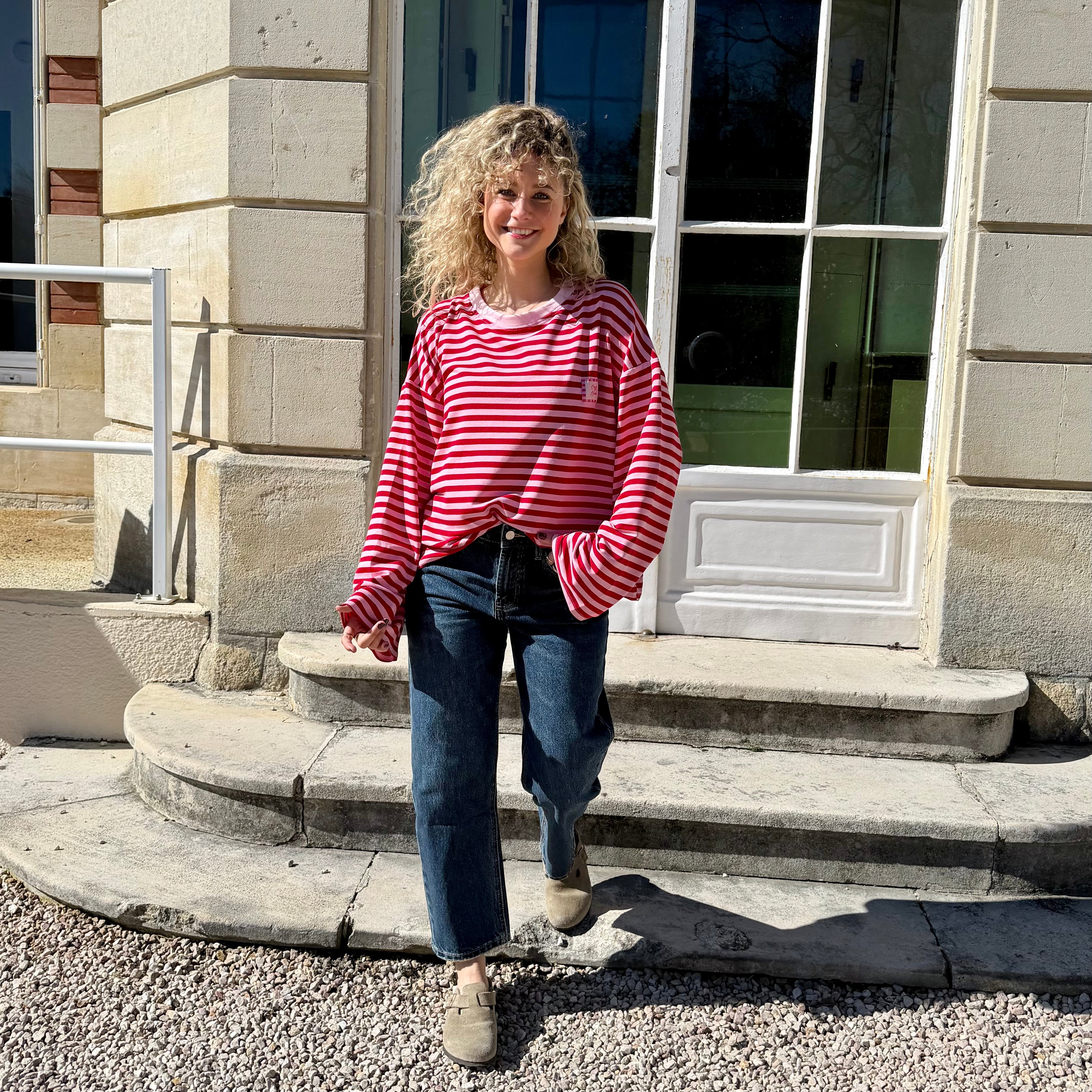 T-shirt CLUB marinière rayé rose/rouge aux manche longues et à la coupe oversize