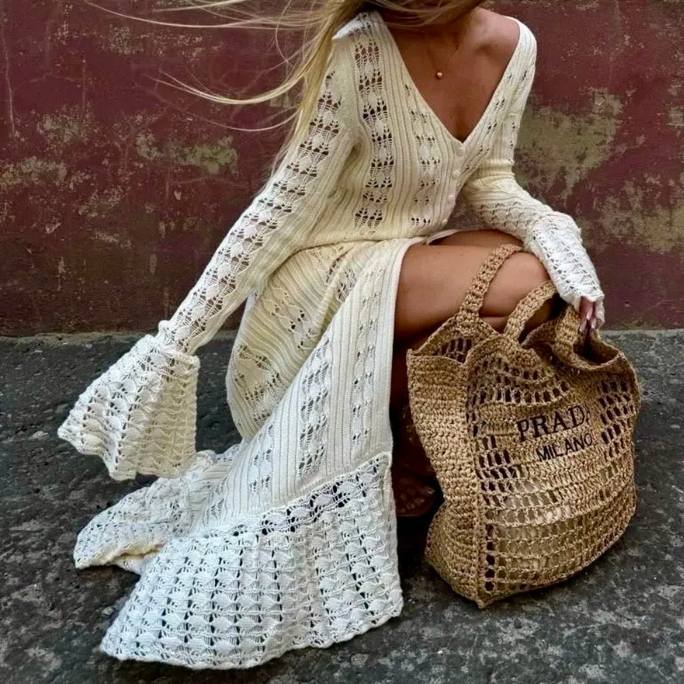 ROBE/CARDIGAN BOHEME MAILLE AJOURÉE ÉCRUE