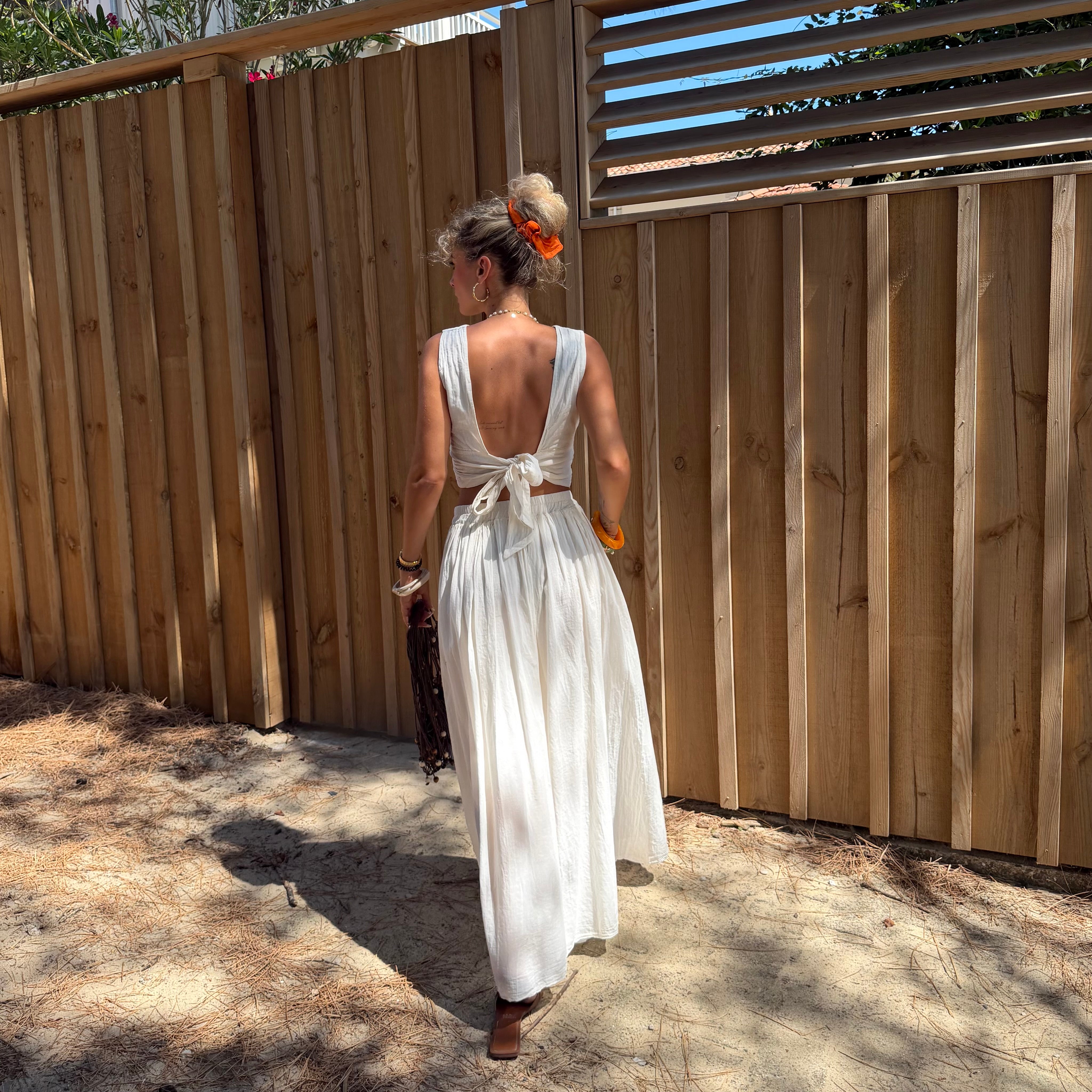 Ensemble YDRA jupe et top dos nu en coton écru