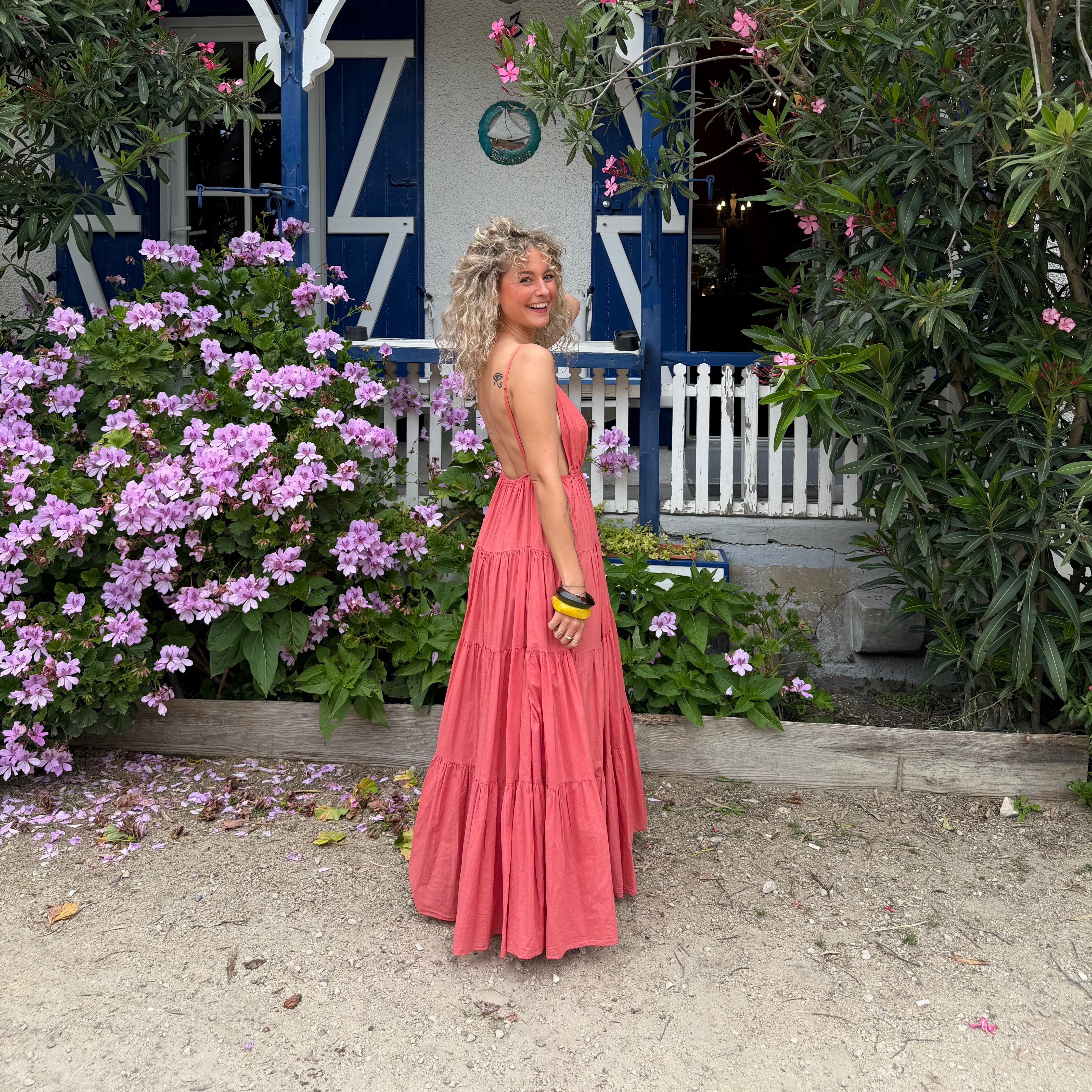 Robe longue SOLEIL bohème corail dos nu