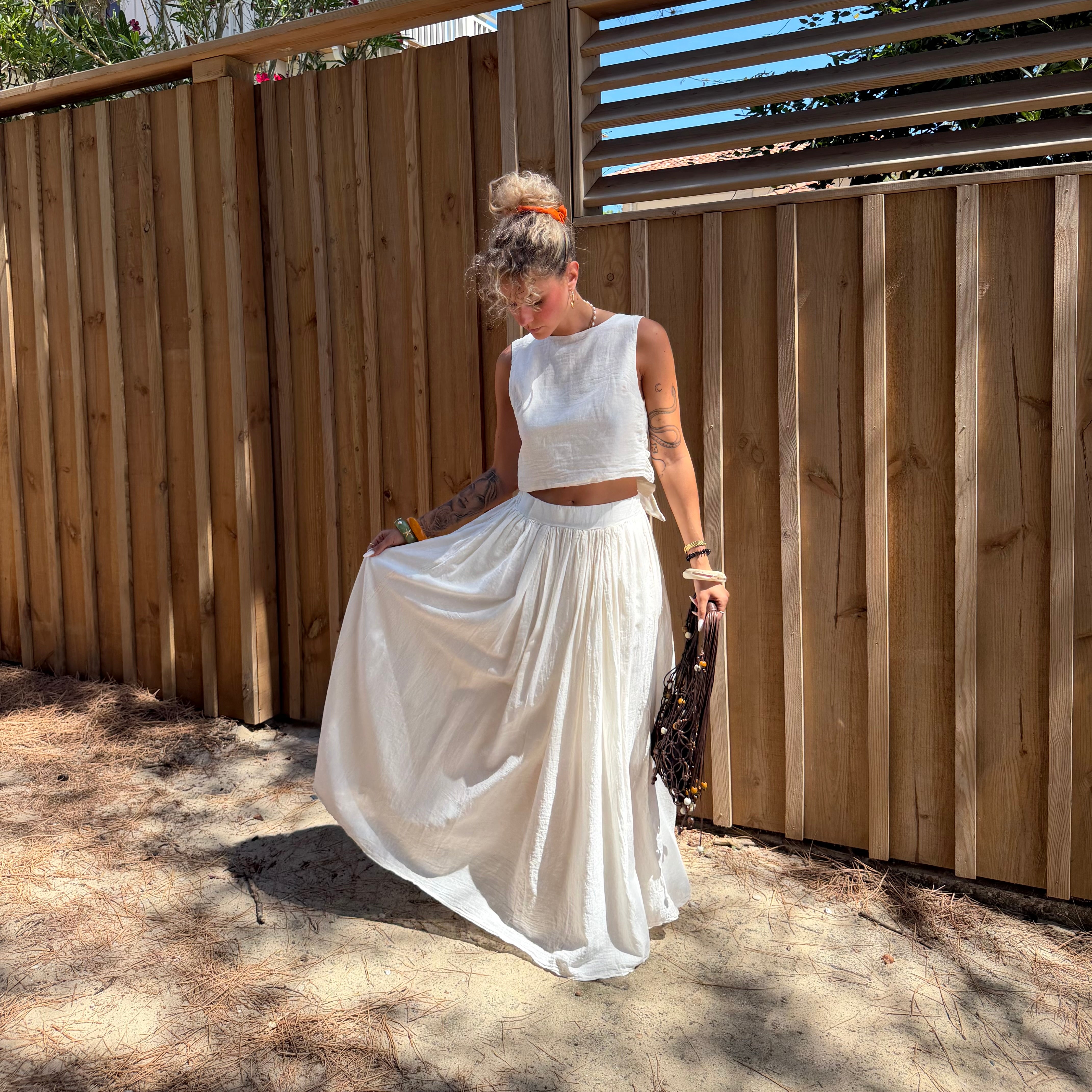 Ensemble YDRA jupe et top dos nu en coton écru