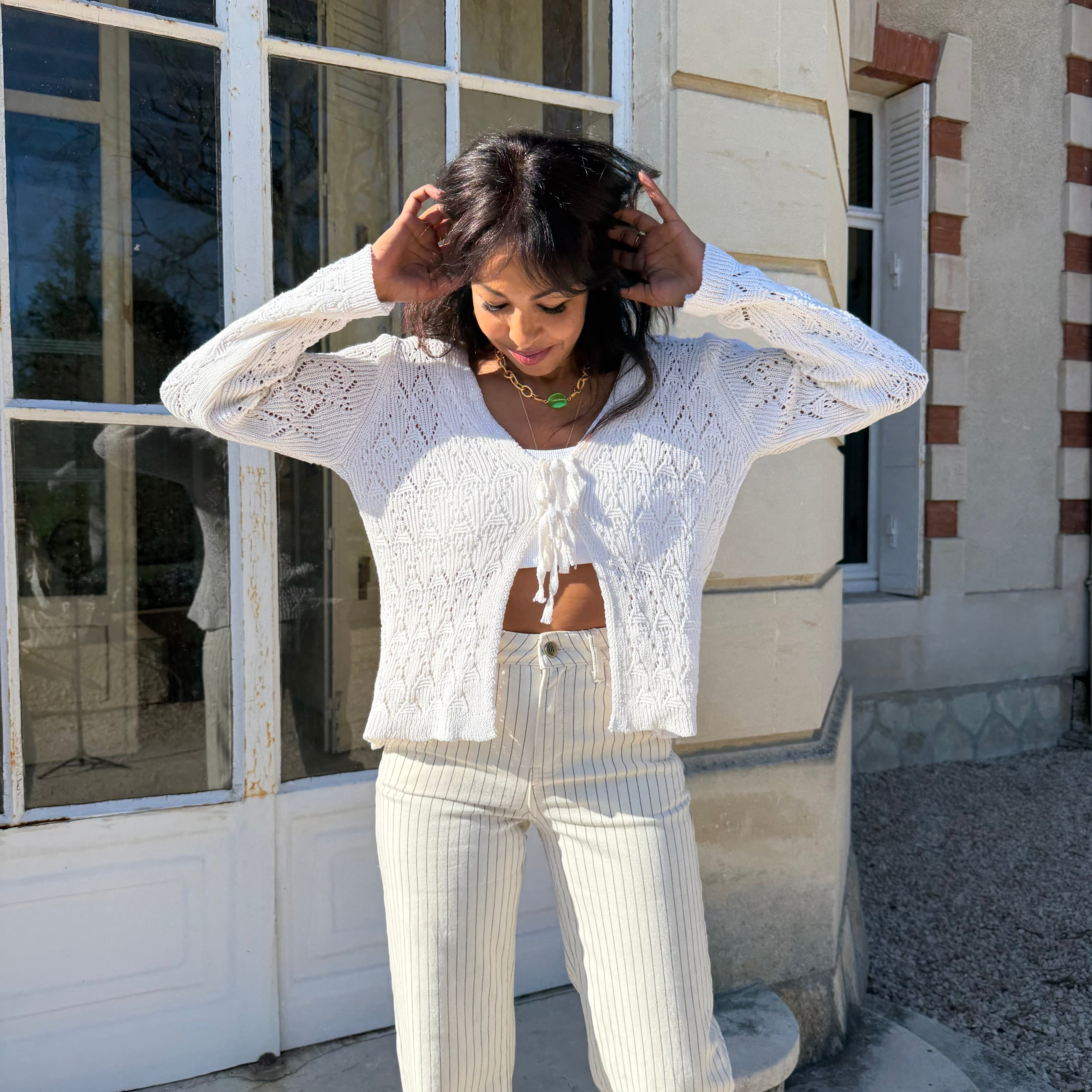 Gilet manches longues GRACE en maille ajouré écru.