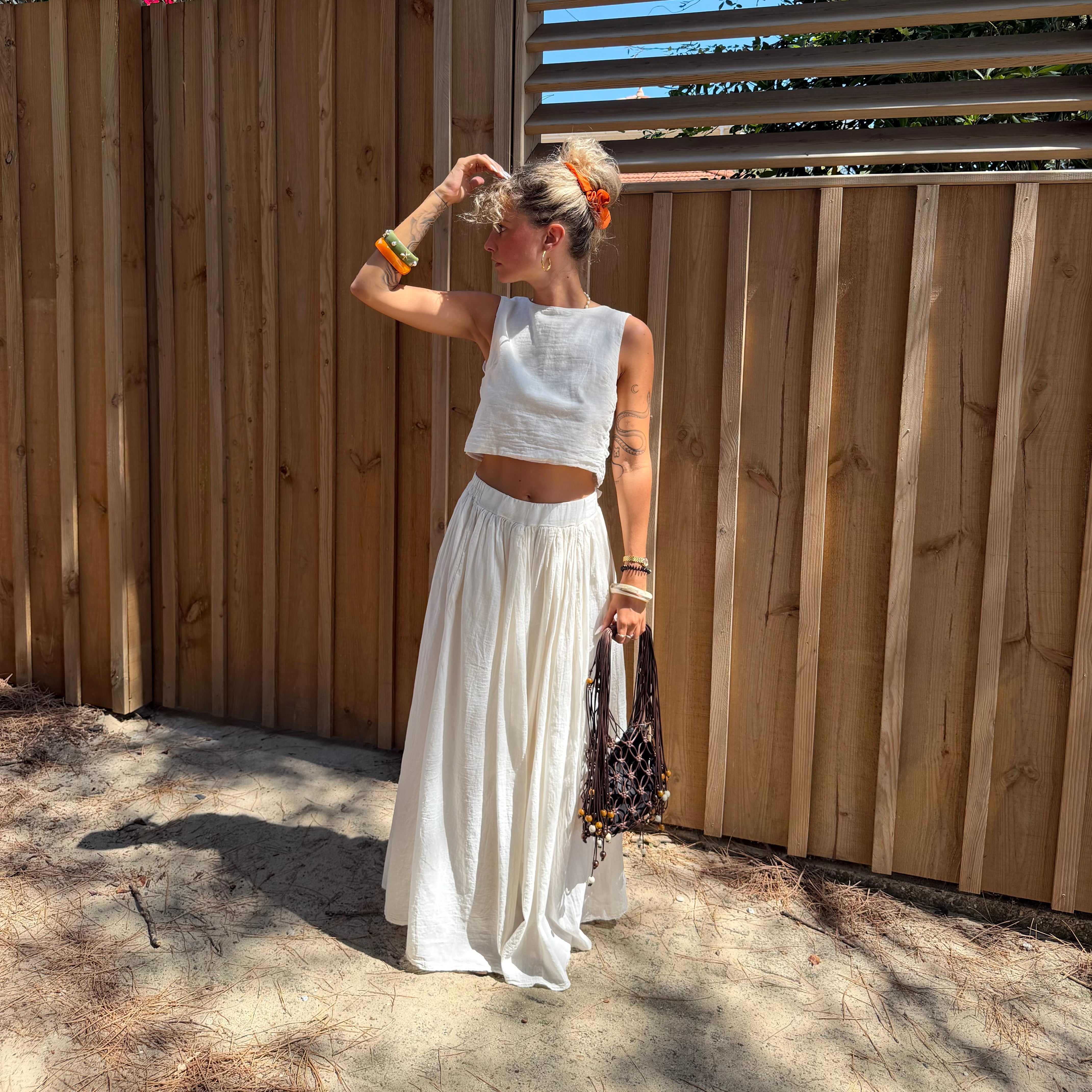 Ensemble YDRA jupe et top dos nu en coton écru