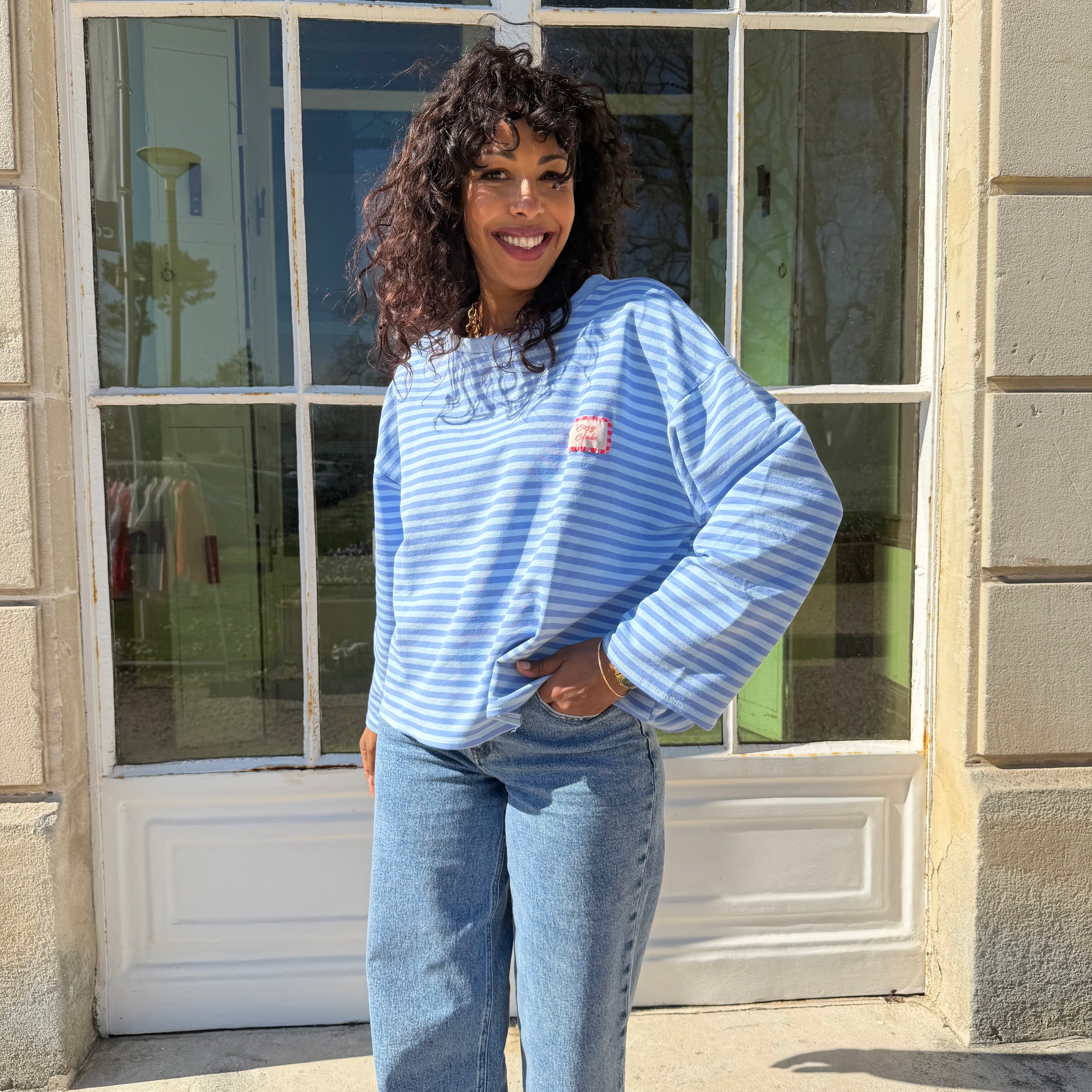 T-shirt CLUB marinière bleu aux manche longues et à la coupe oversize