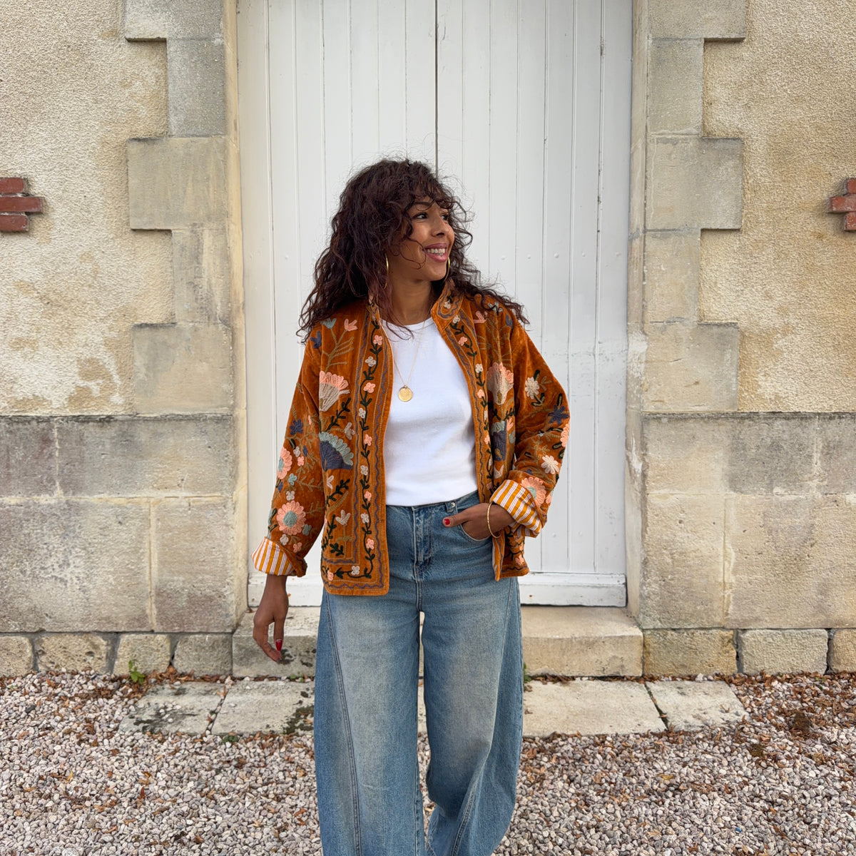 VESTE SUZANE BRODÉE EN VELOURS jaune
