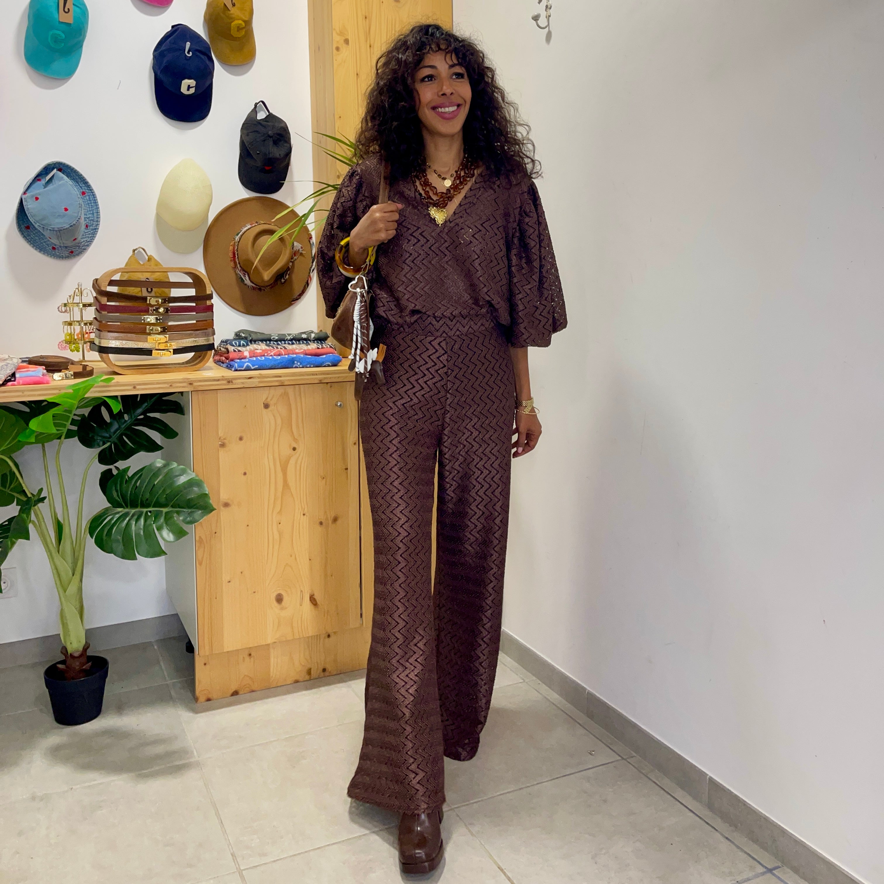 Pantalon MADRID marron métalisé à motif chevron