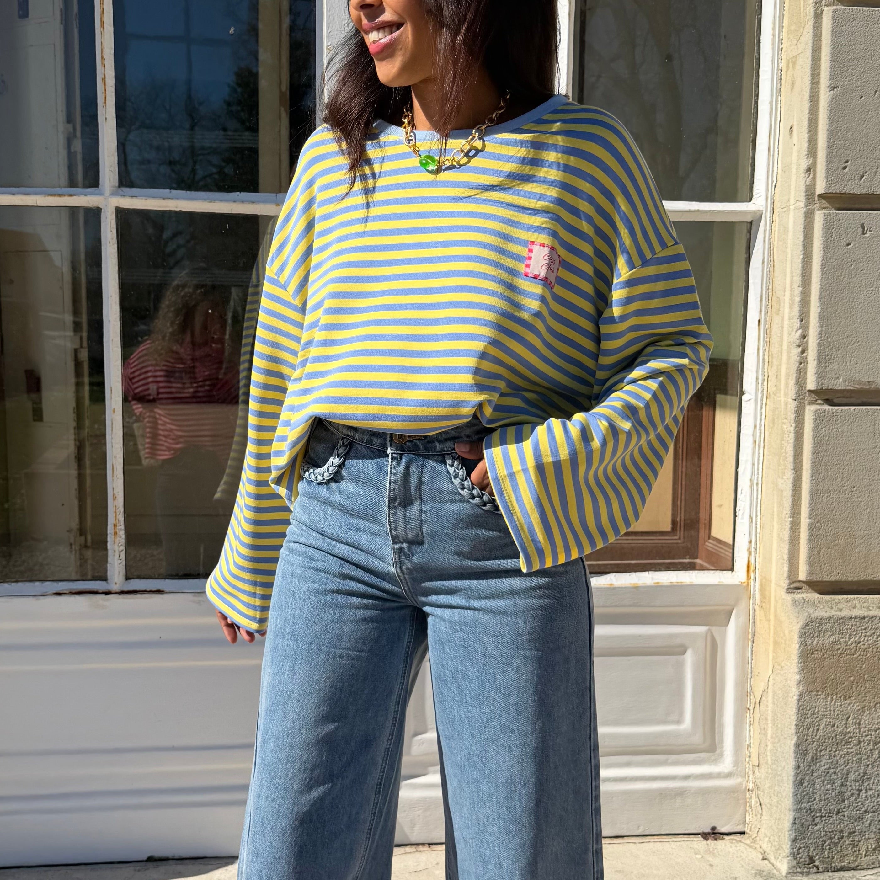 T-shirt CLUB marinière rayé jaune/bleu aux manche longues et à la coupe oversize