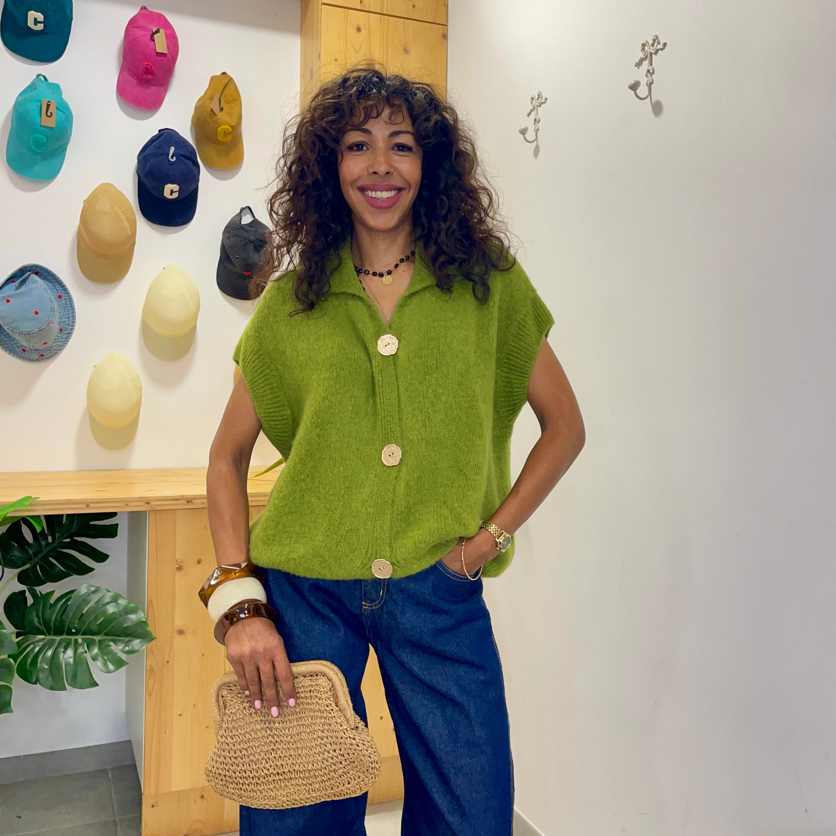 Pull manches courtes ANNA vert en baby alpaga et laine