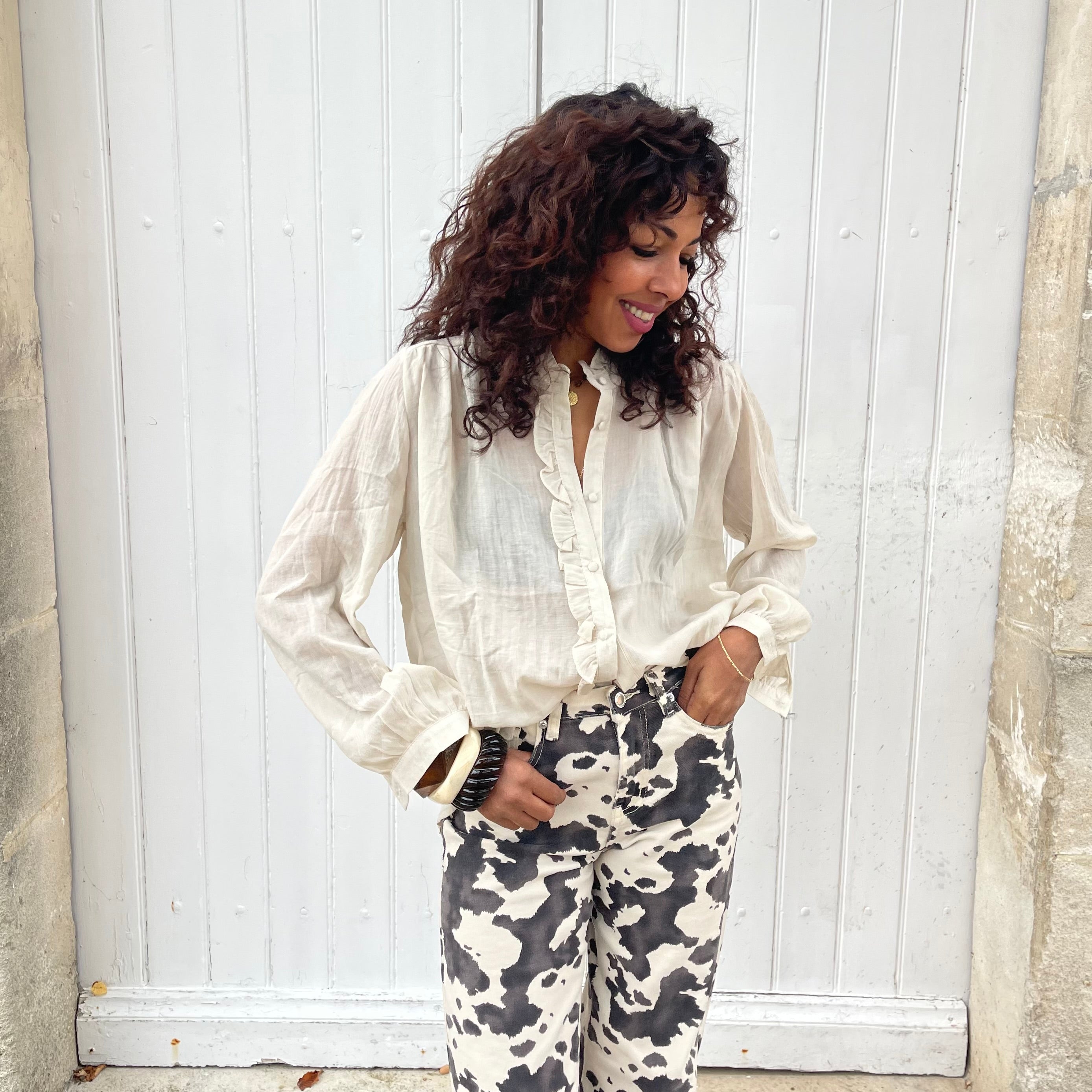 Blouse LENNY manches longues à volants beige