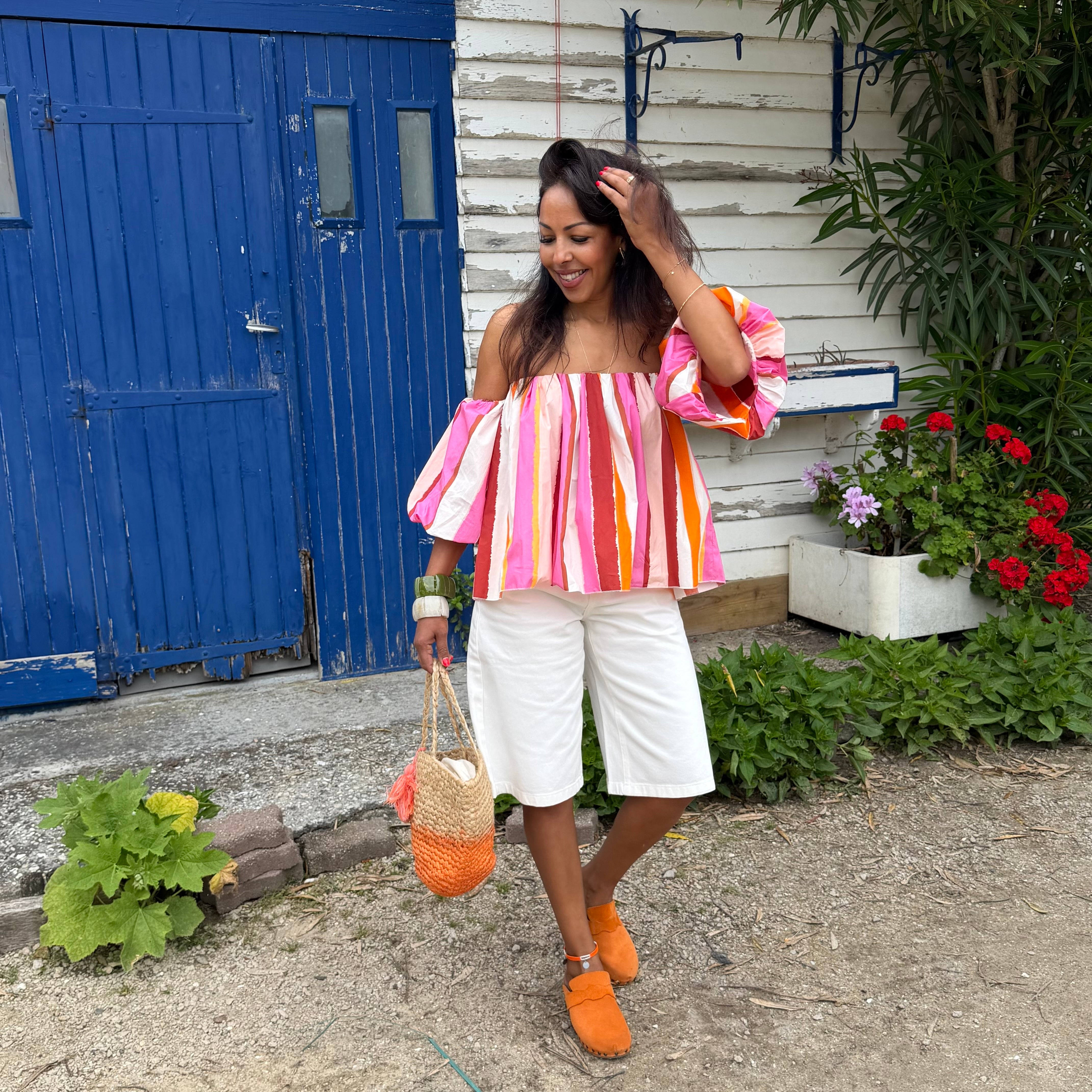 Blouse LIO rayée multicolore rose– coton – col bardot