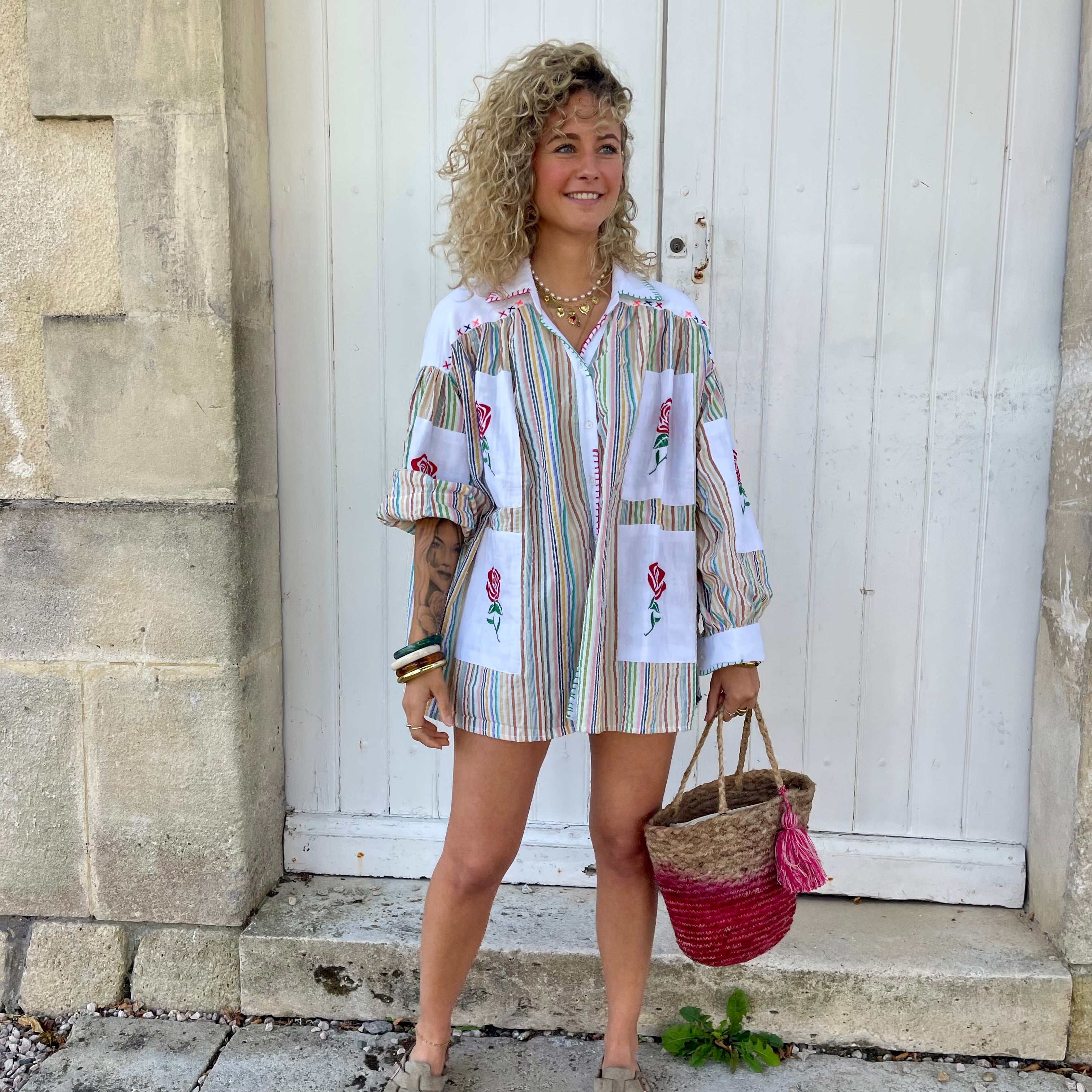 Blouse ROSA oversize à rayures en gaz de coton brodé à la main