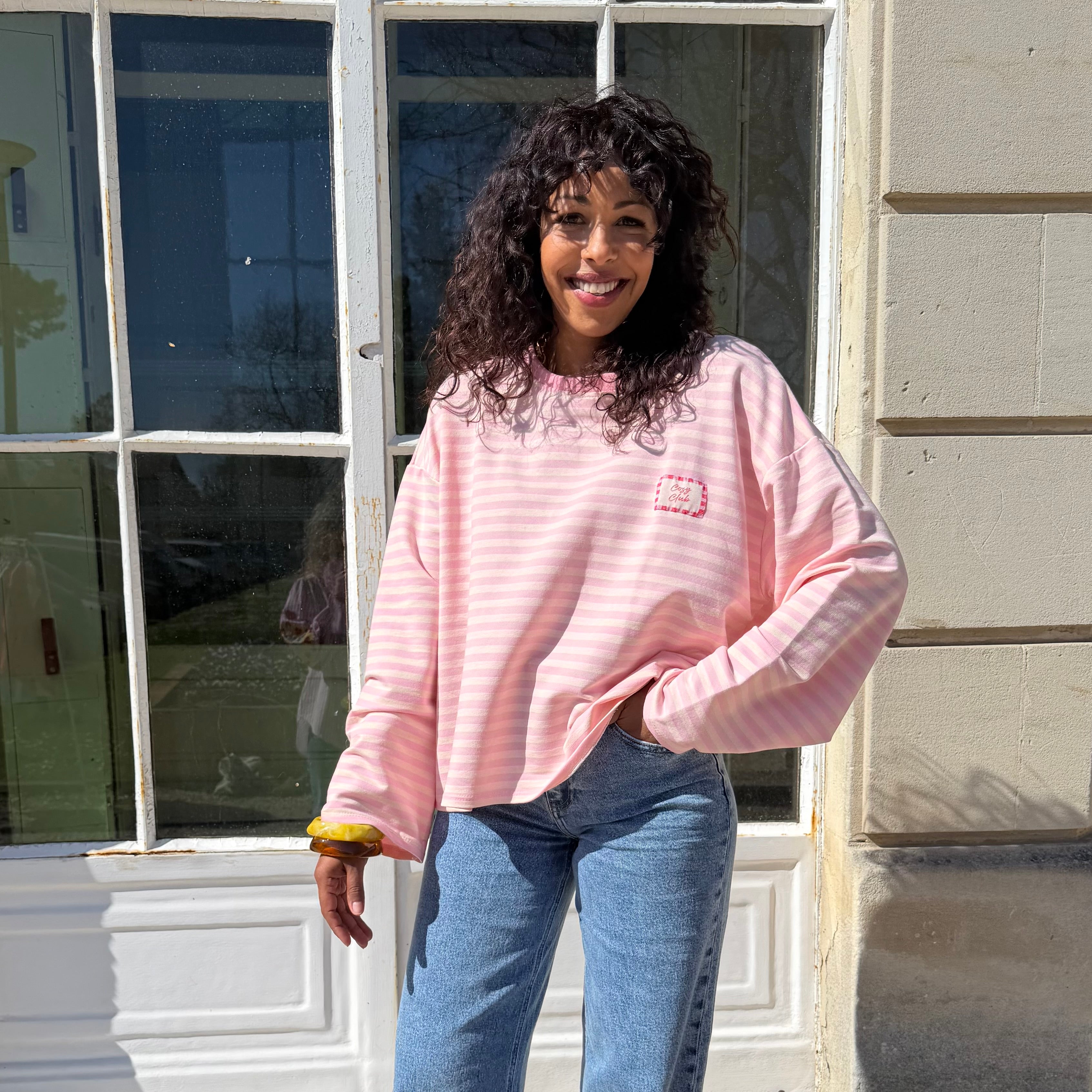 T-shirt CLUB marinière rayé rose/jaune aux manche longues et à la coupe oversize