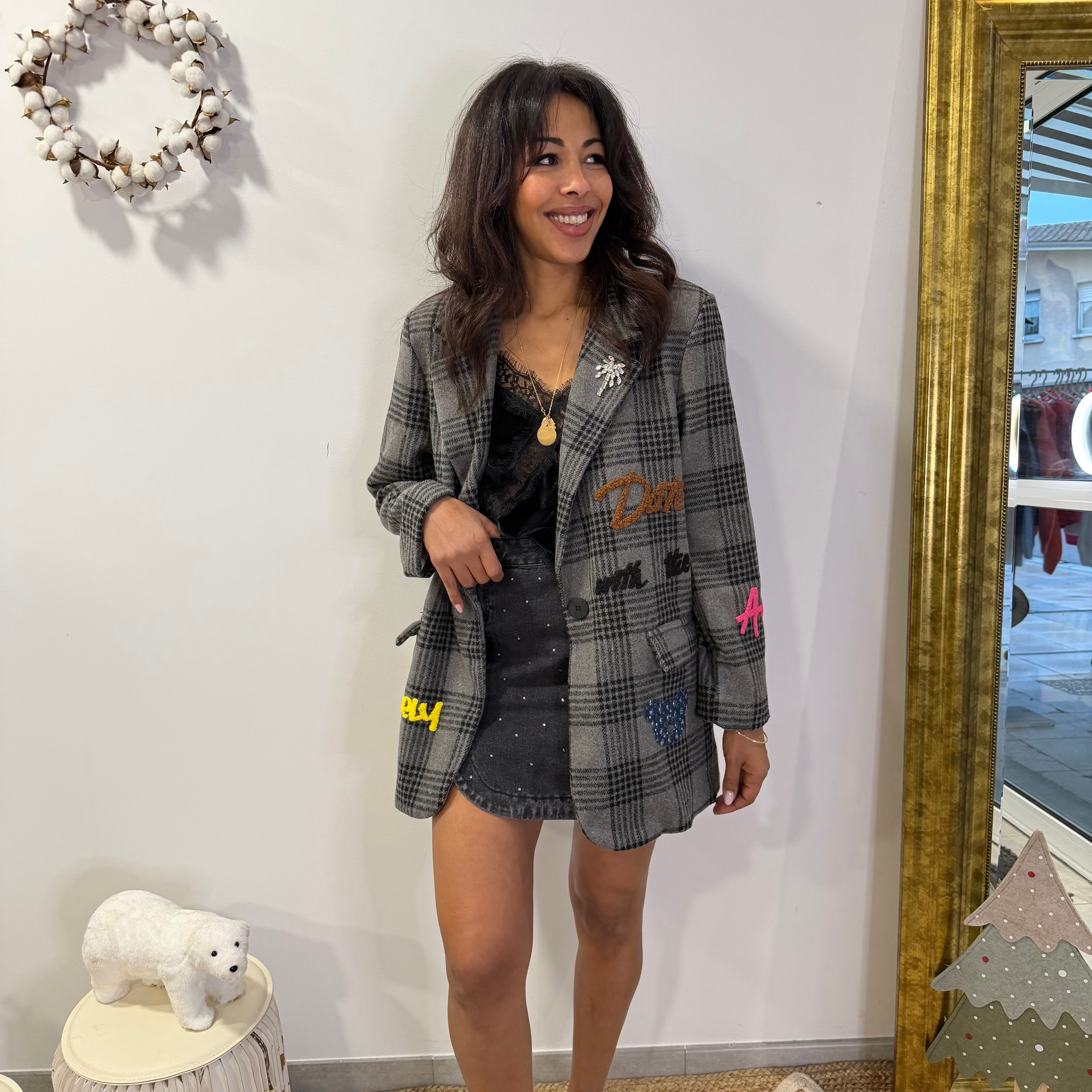 Blazer over size BLISS gris brodé de couleurs