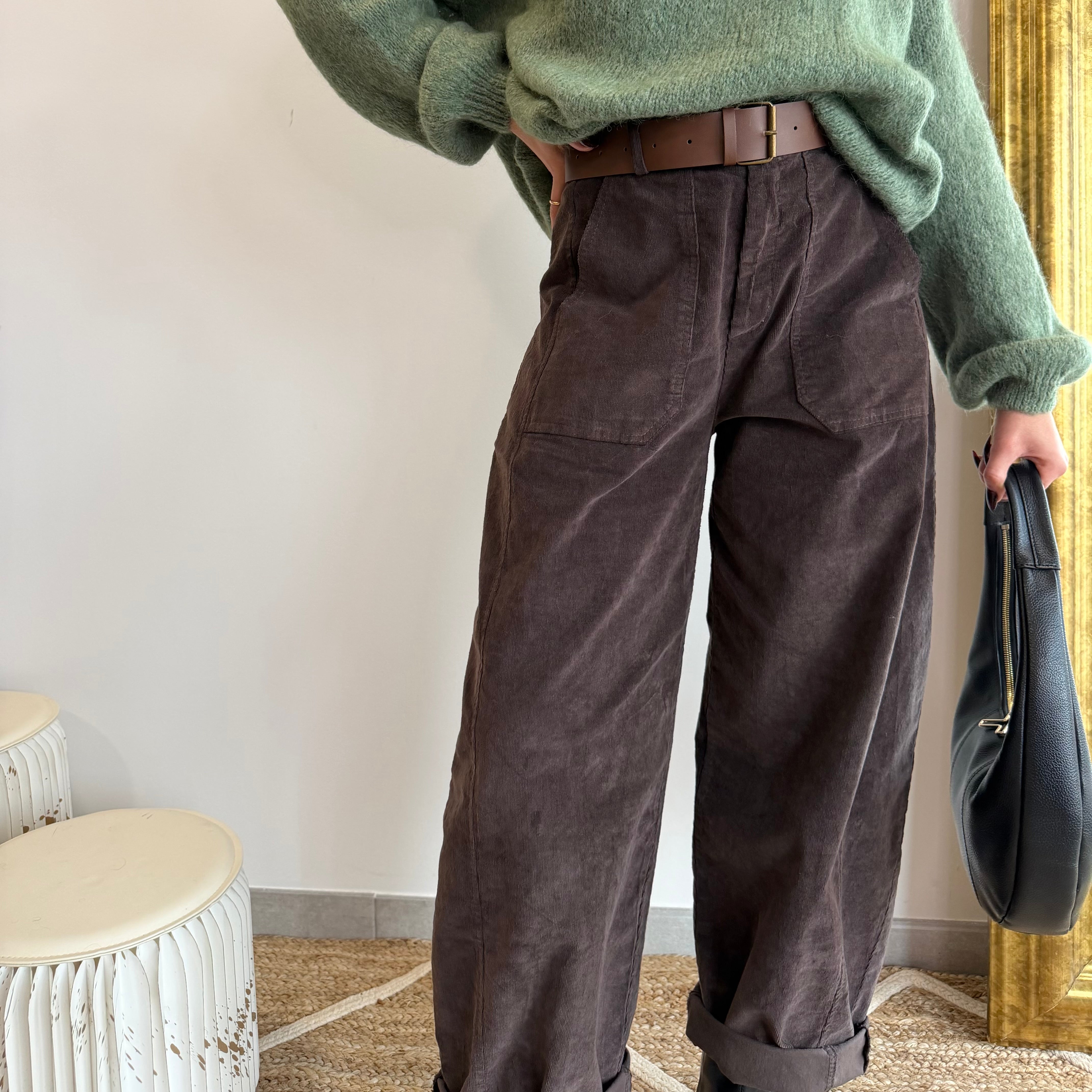 Pantalon LOUNA marron velour côtelé