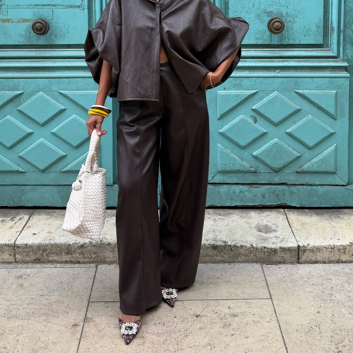 Pantalon ELLA simili cuir marron