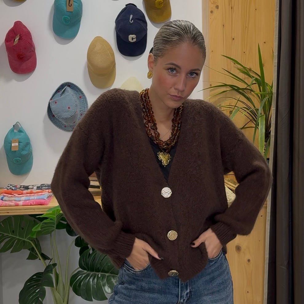 Gilet chocolat, OLIVE à boutons dorés alpaga et laine
