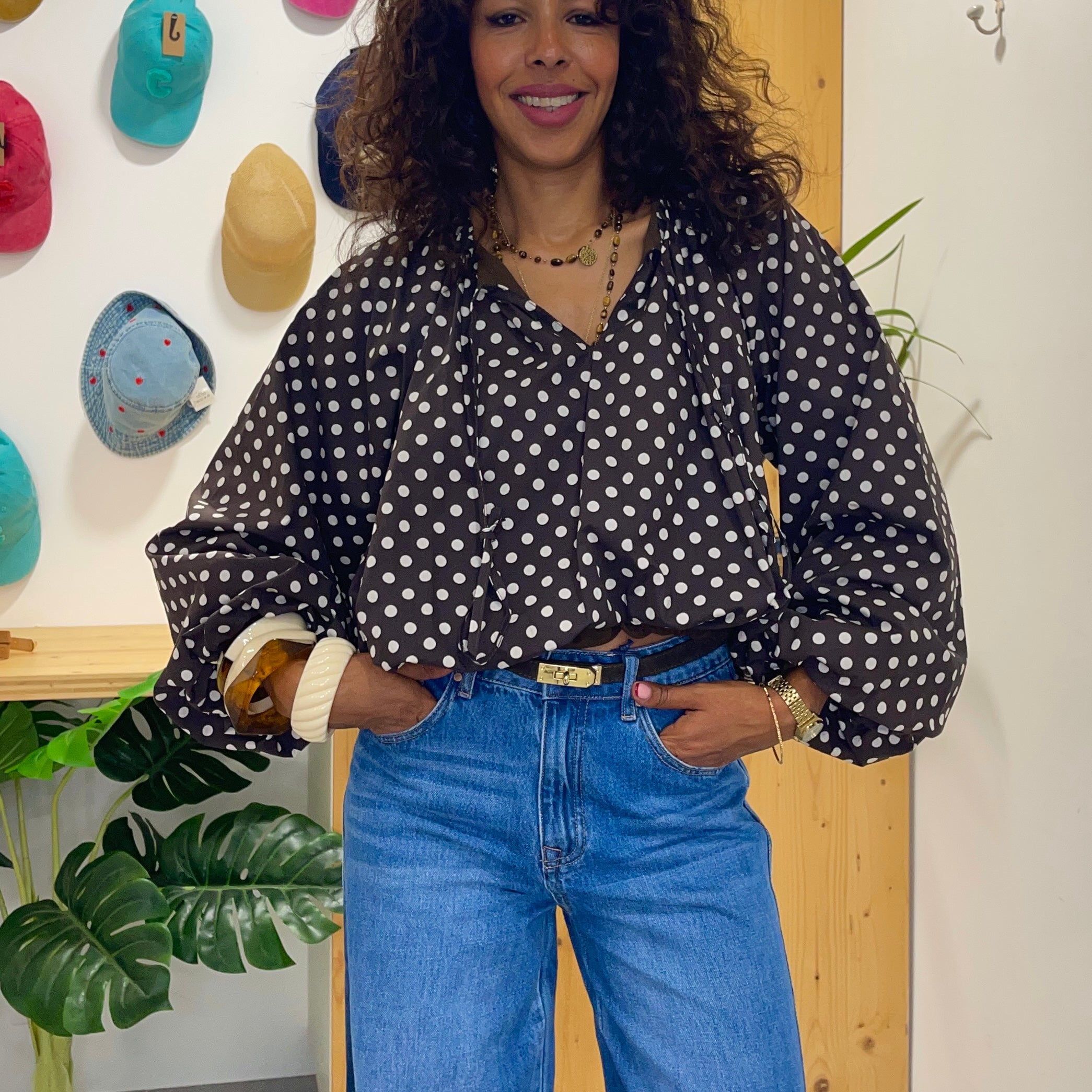 Blouse marron manches longues à pois CLODY et à la coupe fluide
