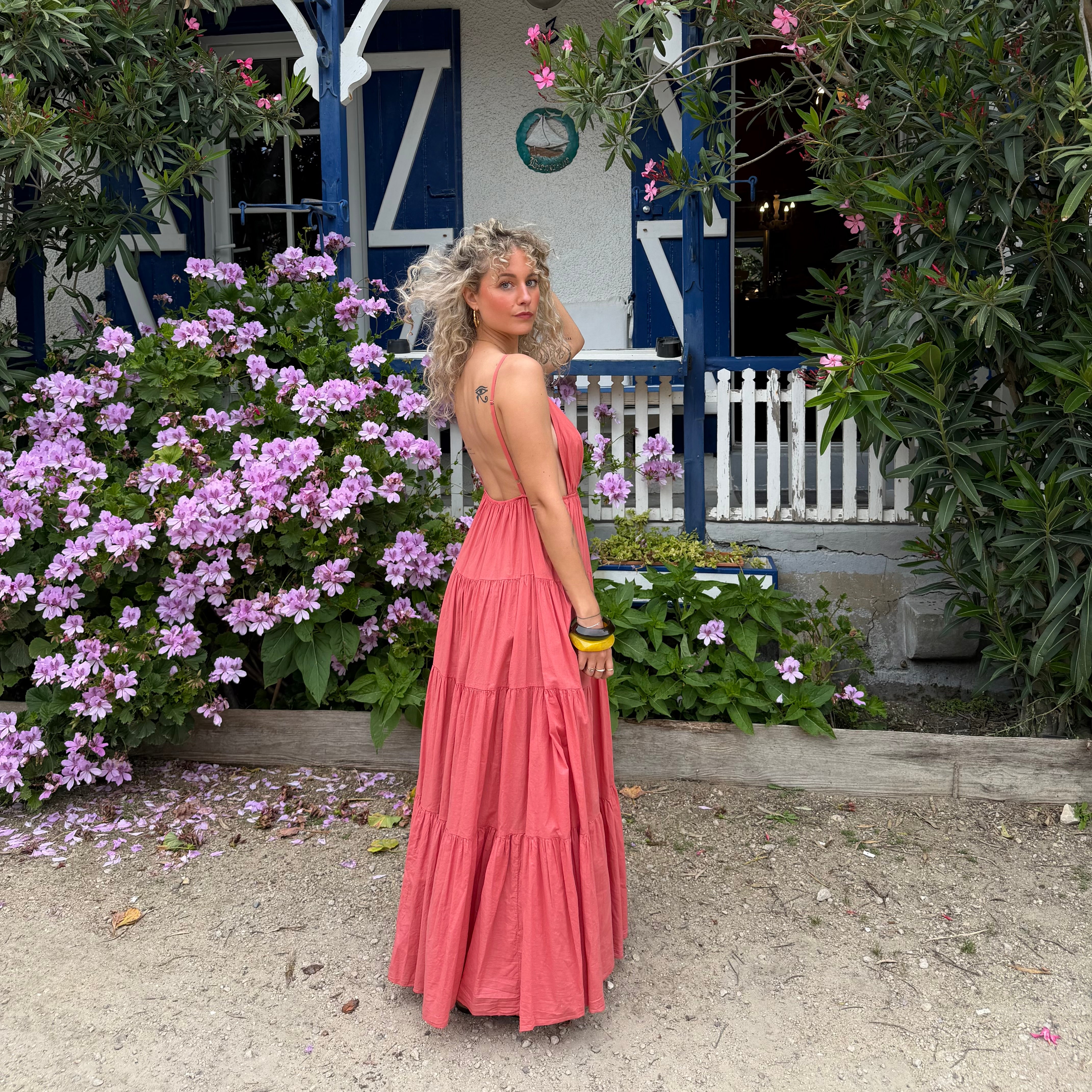 Robe longue SOLEIL bohème corail dos nu