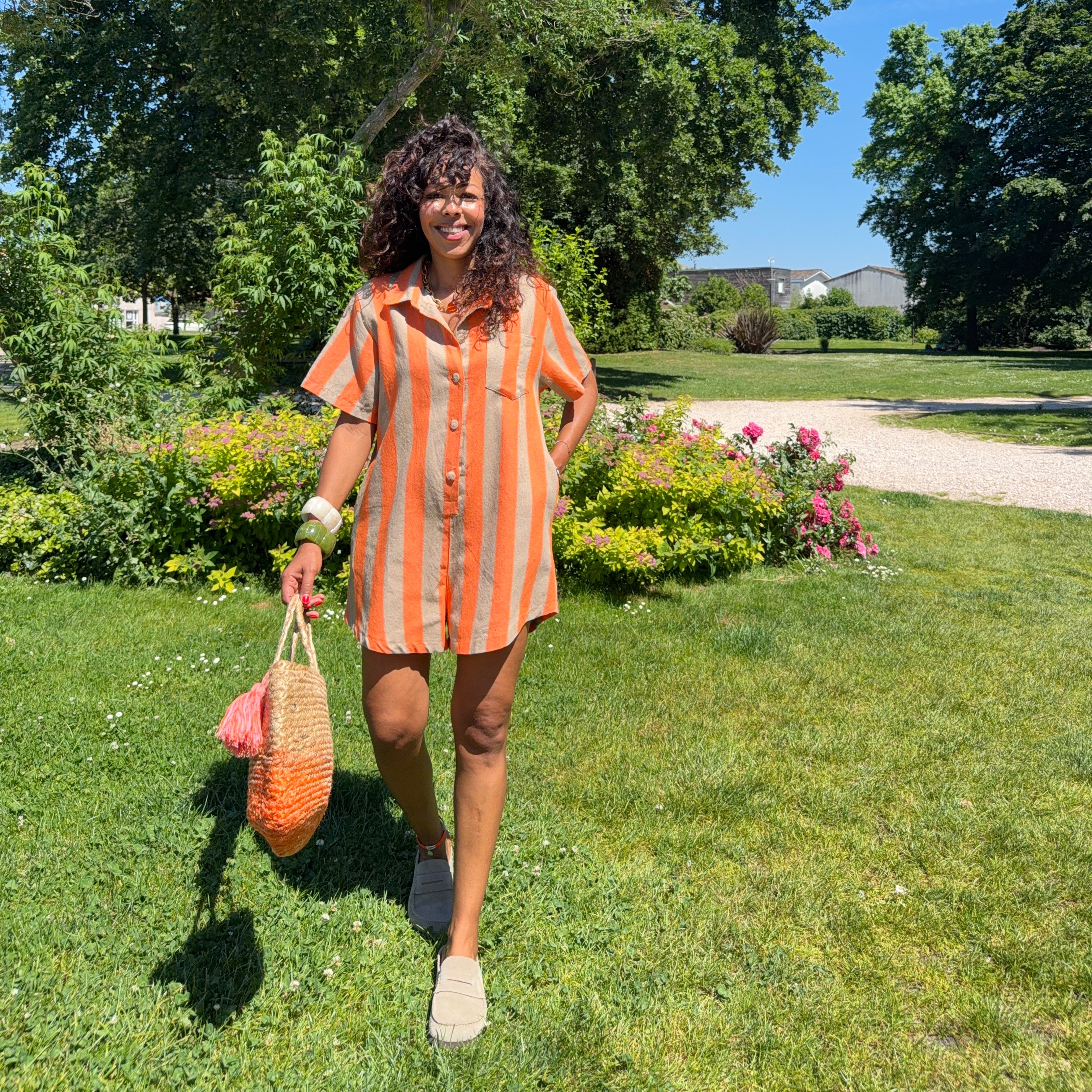 Combishort ZYRA rayée orange & gris