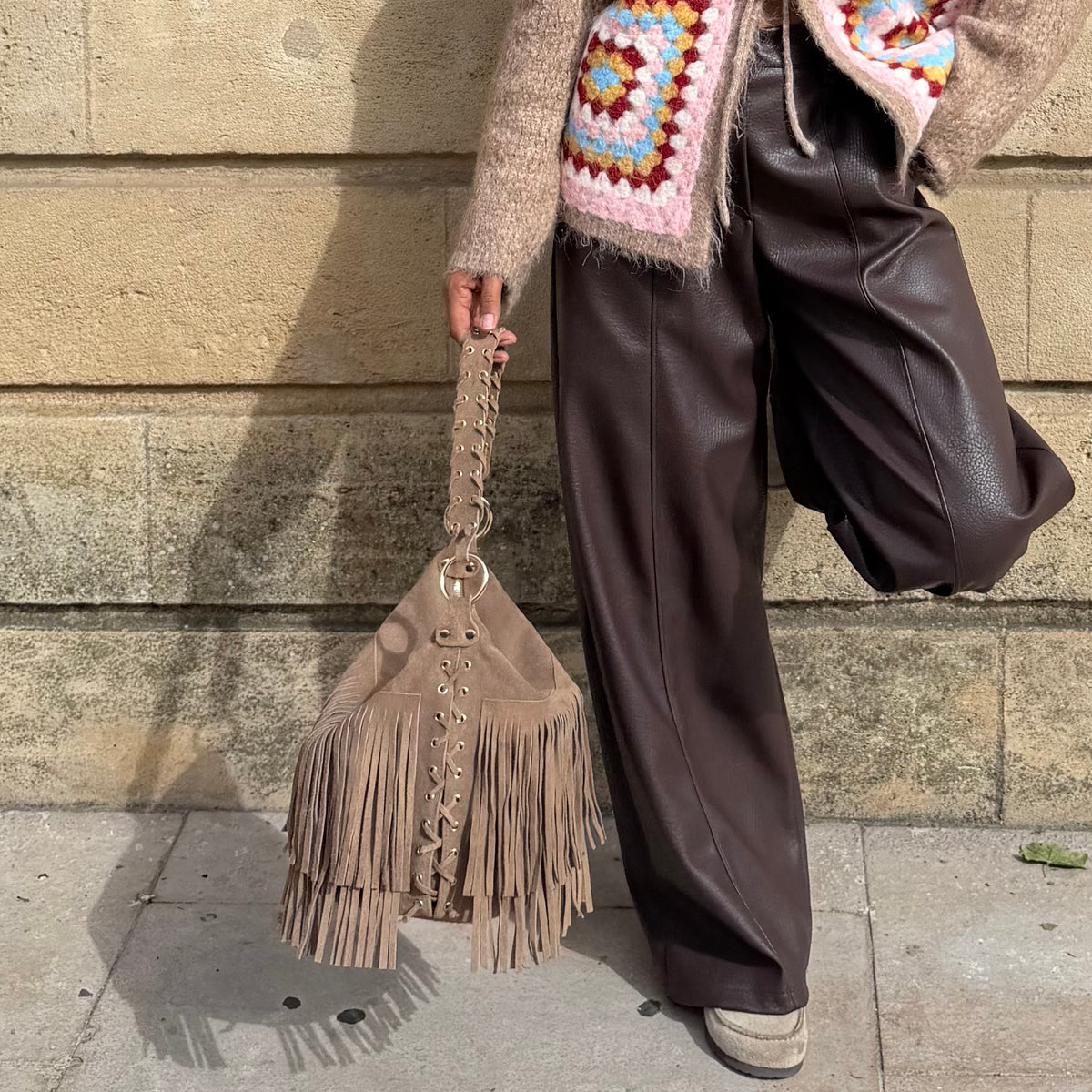 Sac cuir daim franche marron taupe