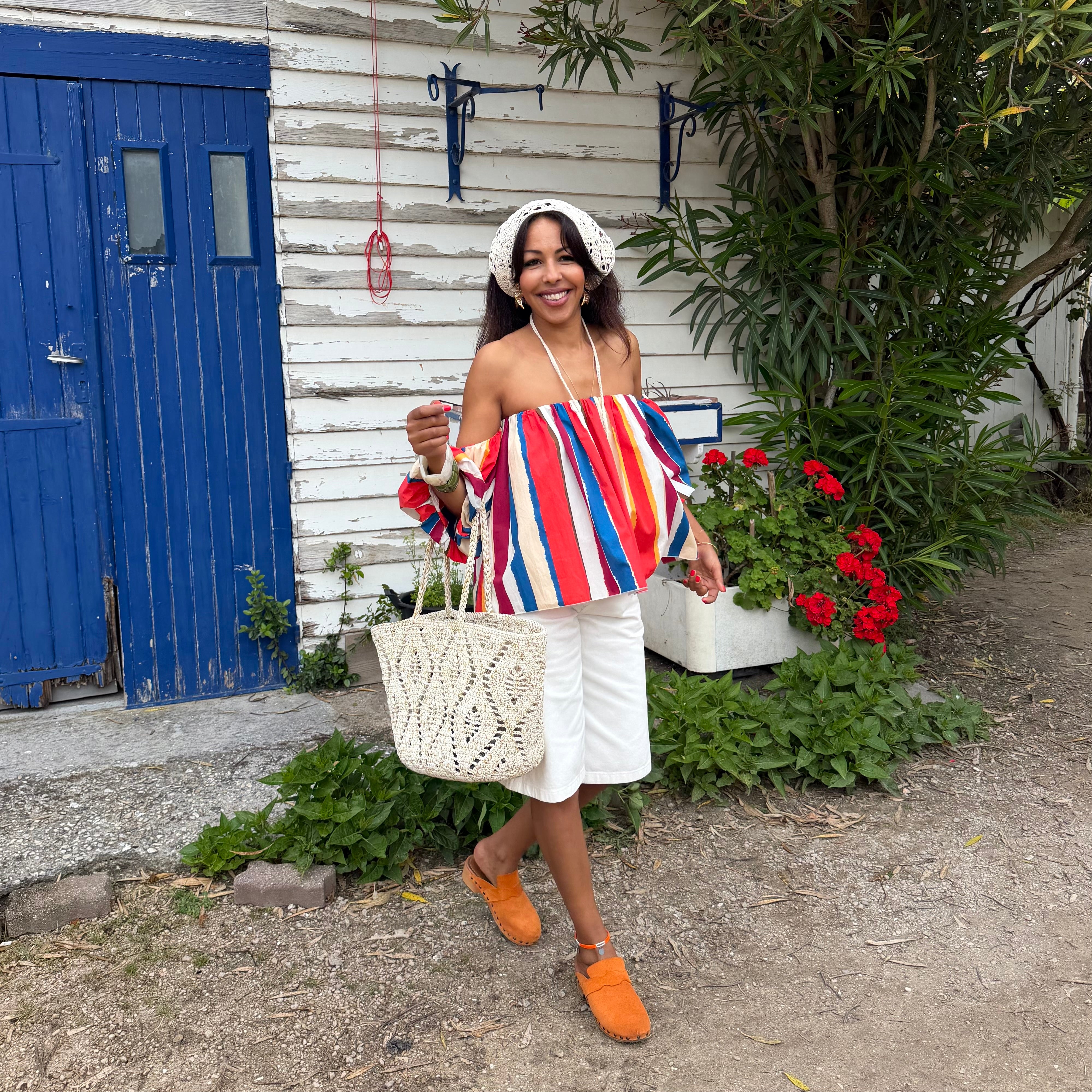 Blouse LIO rayée multicolore rouge – coton – col bardot
