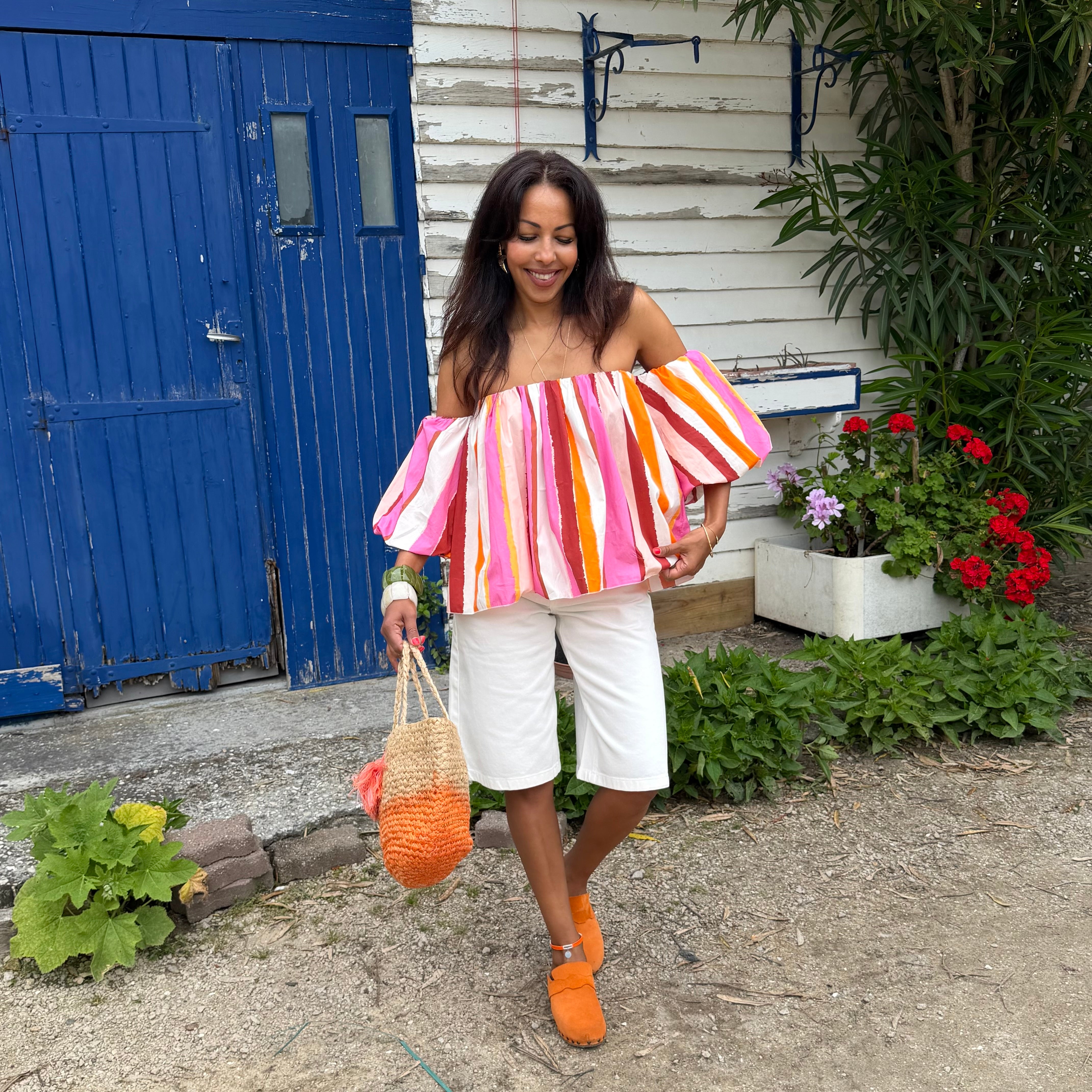 Blouse LIO rayée multicolore rose– coton – col bardot