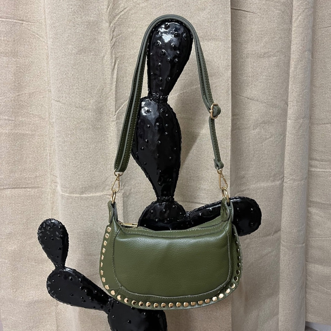Sac à main clouté en cuir GLORIA kaki