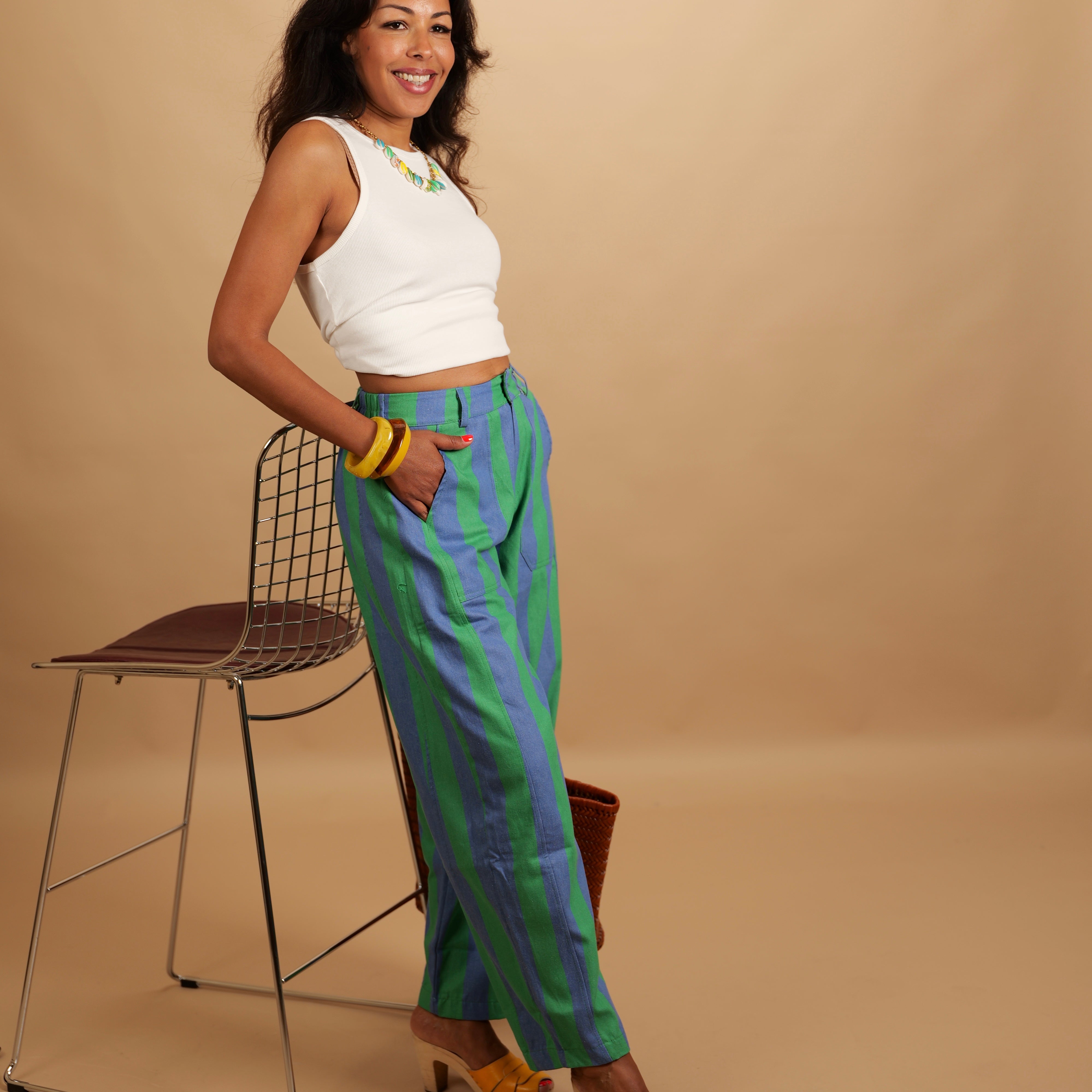 Pantalon LOUNA rayé bleu lavande & vert