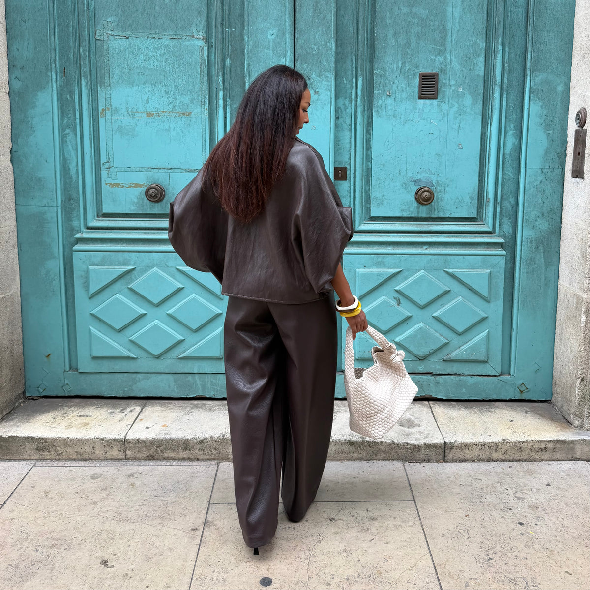 Pantalon ELLA simili cuir marron