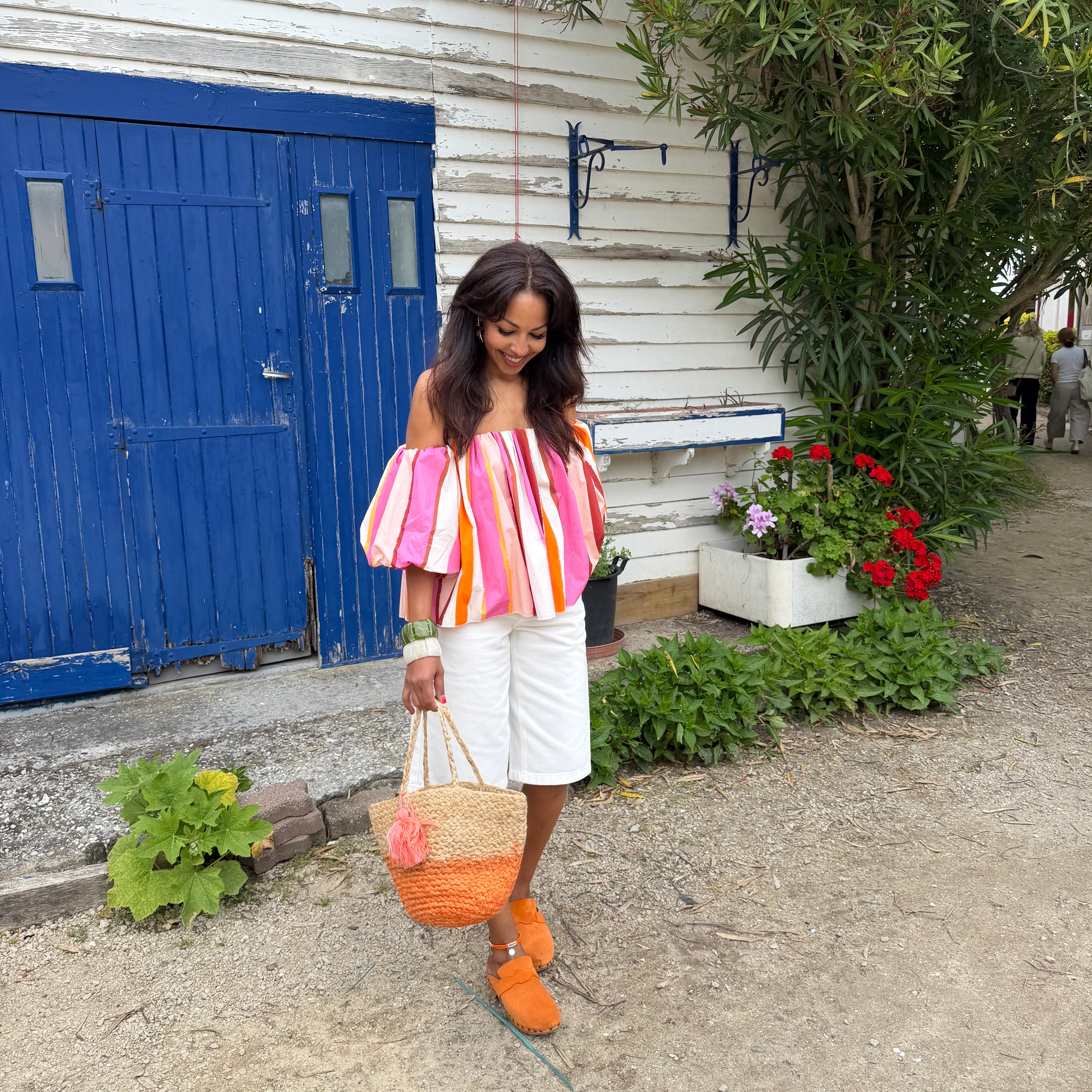 Blouse LIO rayée multicolore rose– coton – col bardot