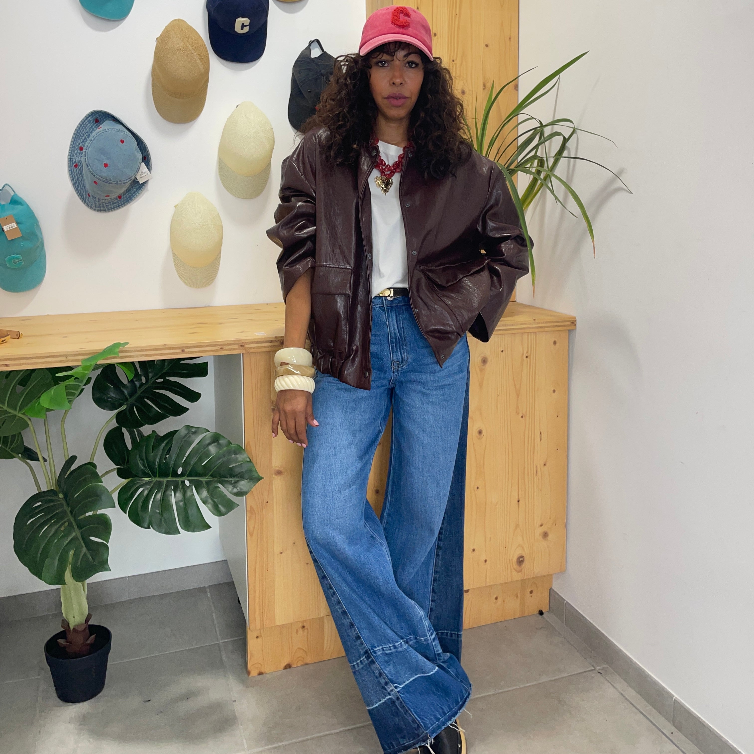 Veste bombers NAO en simili cuir rouge bordeaux coupe over size