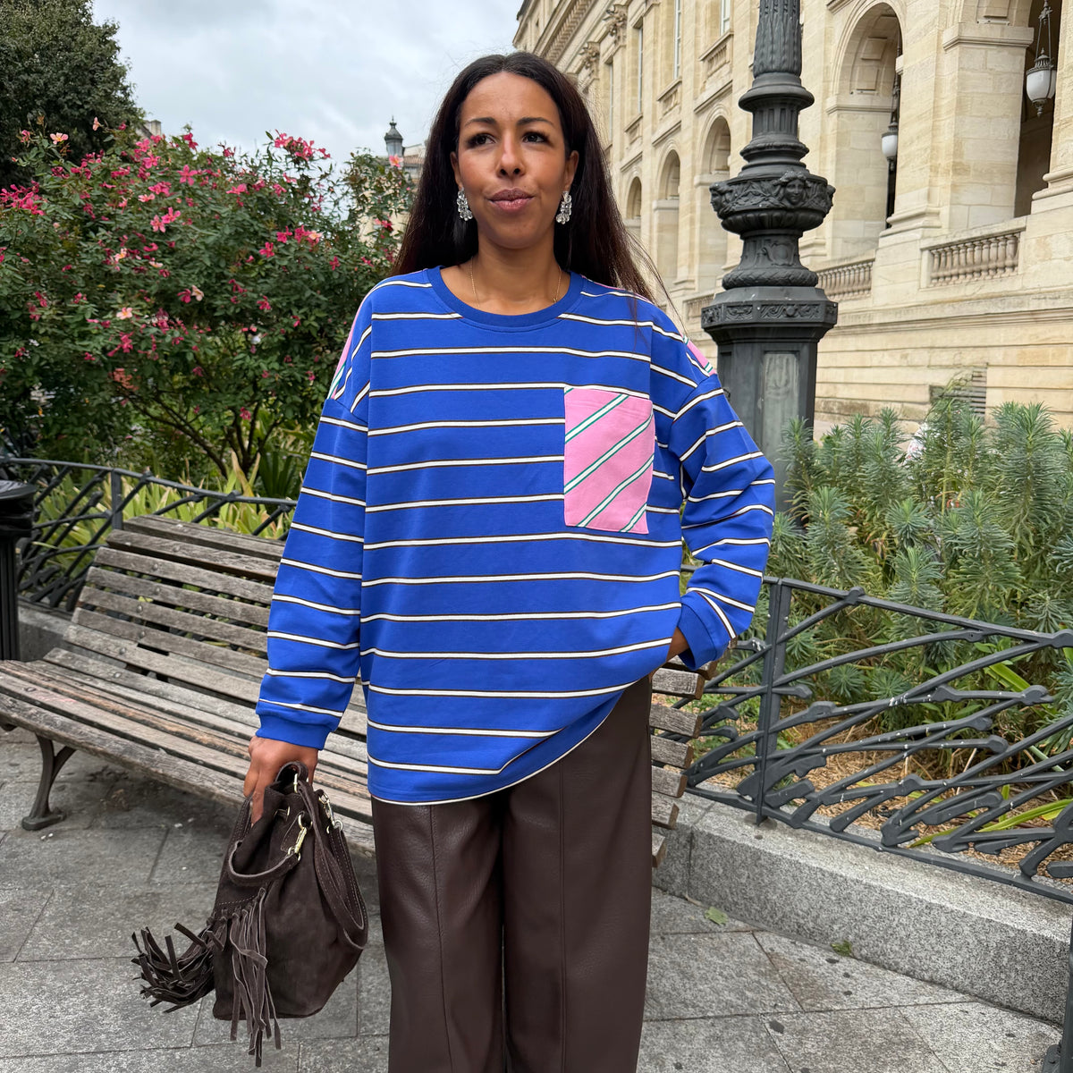 T shirt manche longue JACKIE rayé bleu et rose