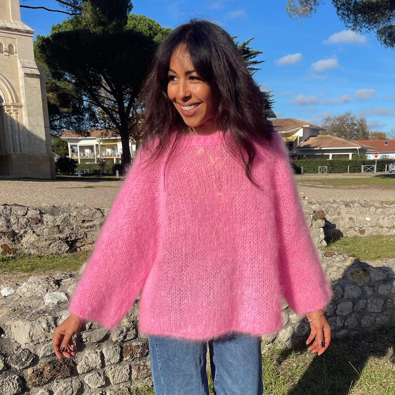 Pull en kid mohair GLADYS rose à la coupe oversize